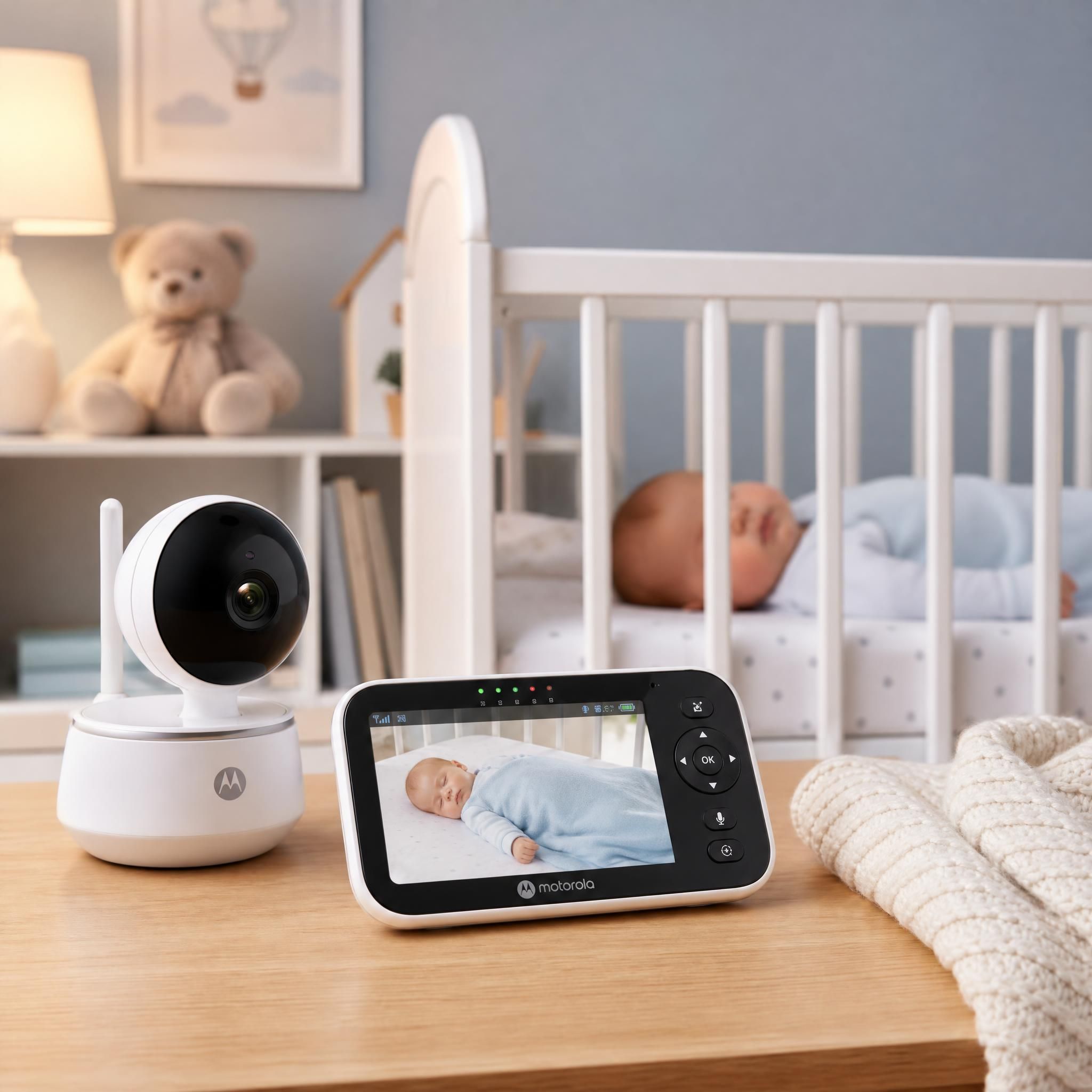 Babyphone vidéo connecté moderne posé près d'un berceau avec bébé endormi