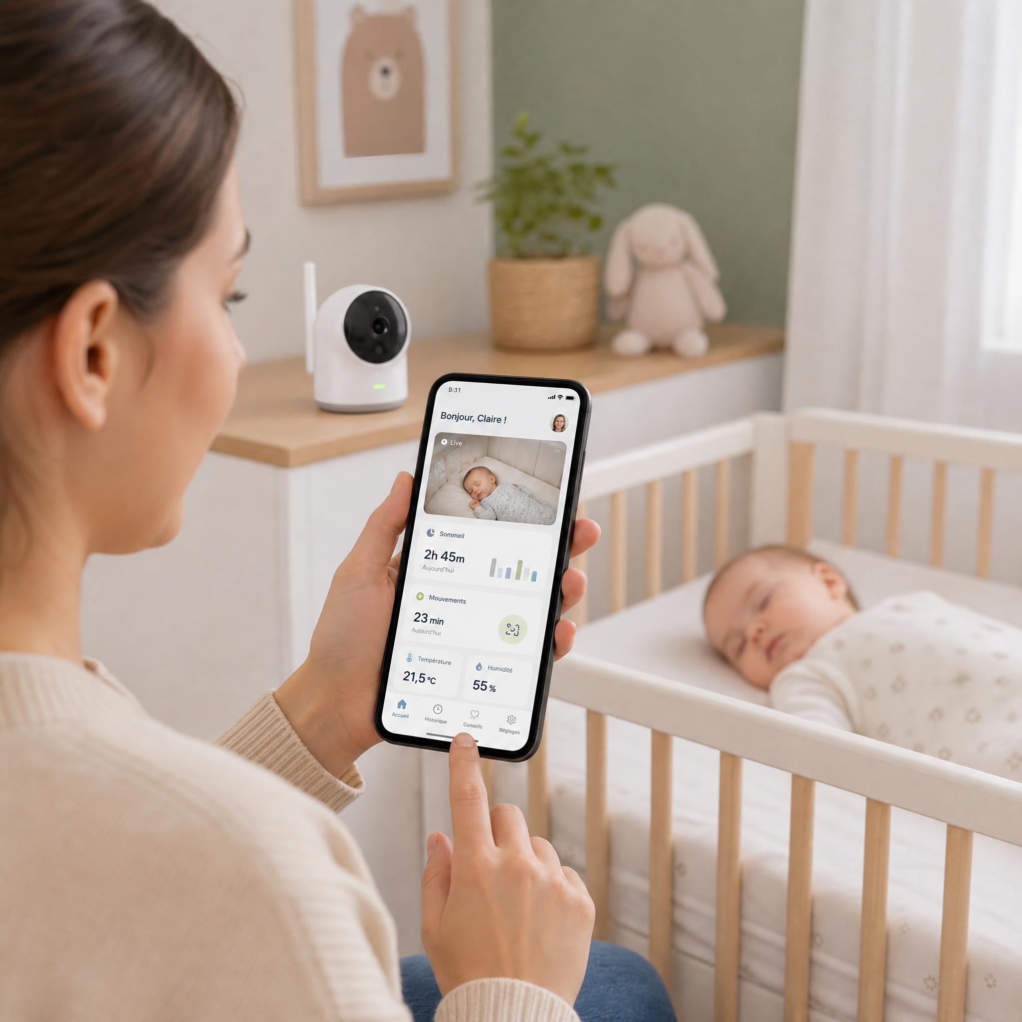 Parent utilisant une application de suivi bébé sur smartphone avec babyphone connecté en arrière-plan dans une chambre bébé moderne