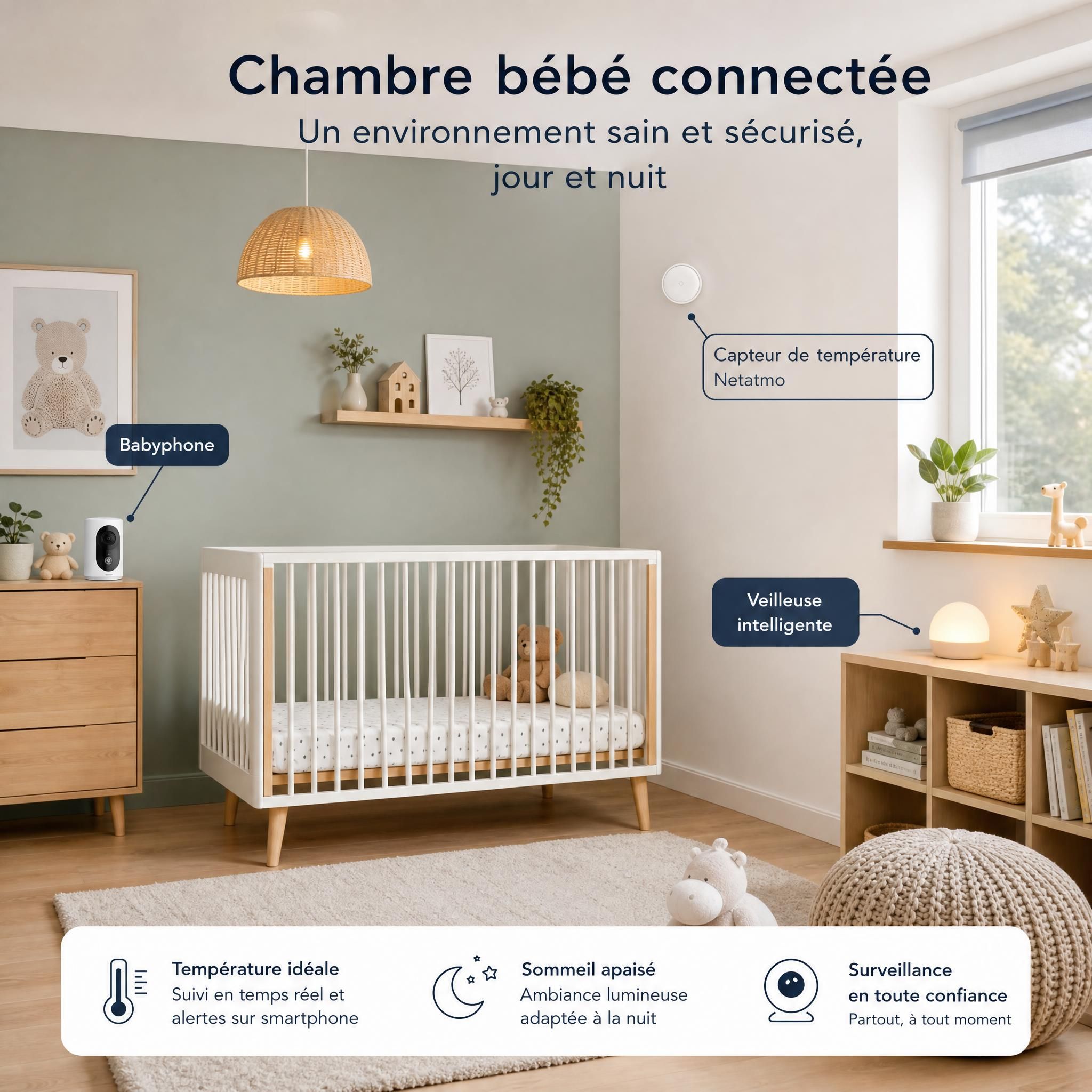 Chambre bébé connectée avec capteur de température Netatmo, veilleuse intelligente et babyphone installés dans un décor scandinave