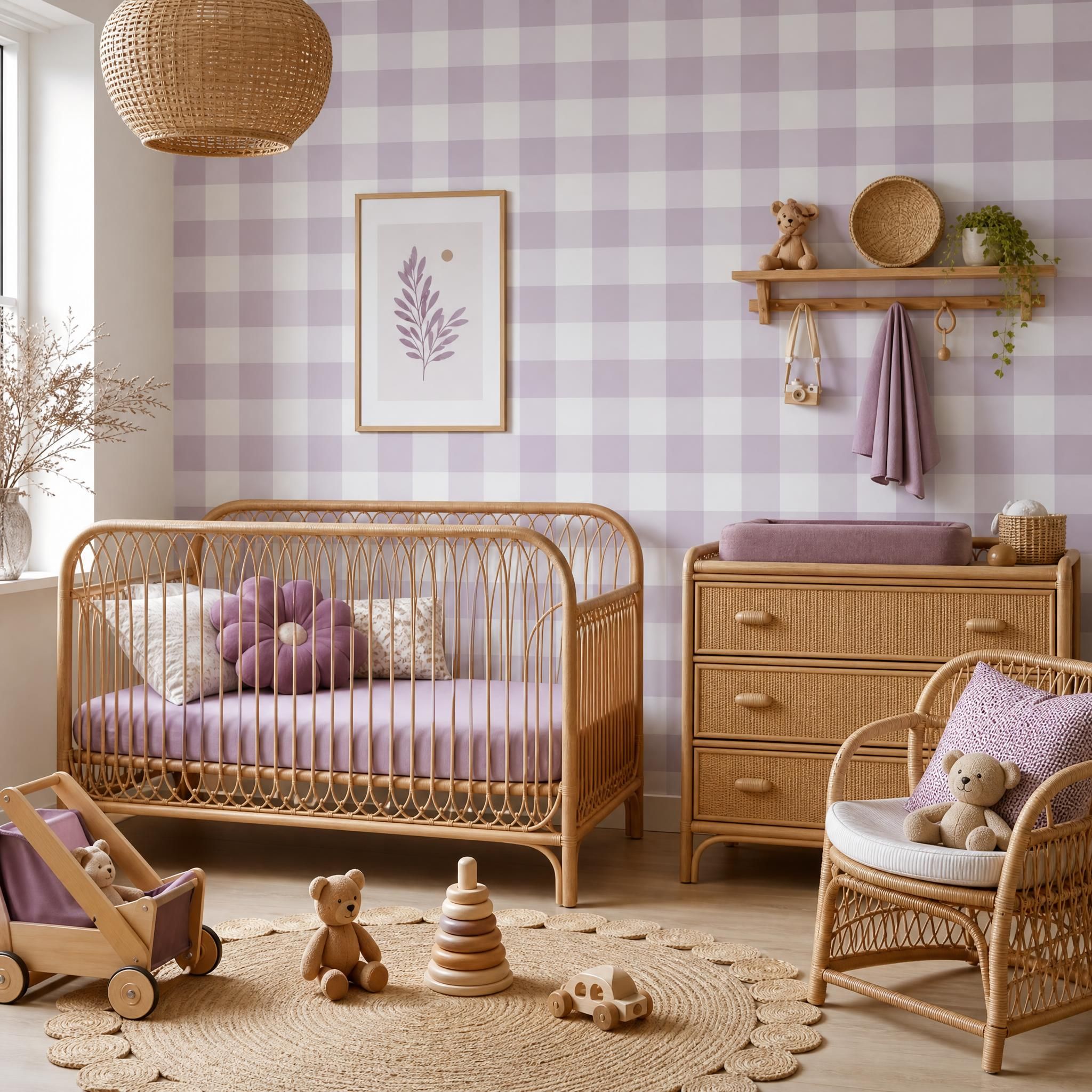 Chambre bébé tendance 2026 avec papier peint vichy mauve, mobilier en rotin et jouets en bois