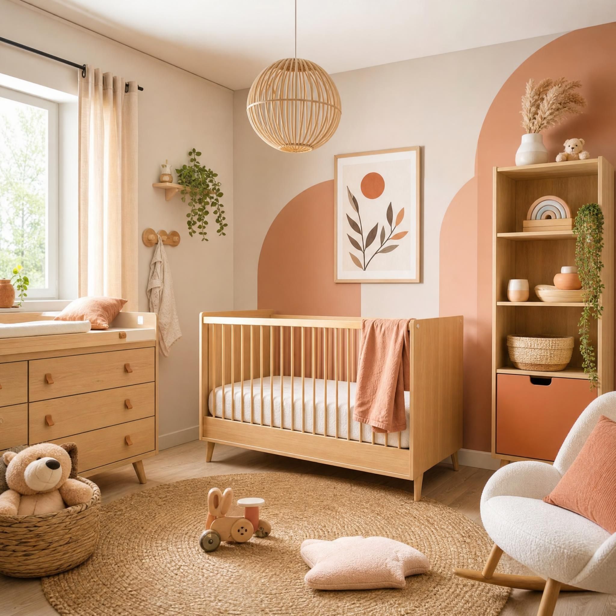 Chambre bébé moderne 2026 avec décoration naturelle en bois et tons pastels terracotta