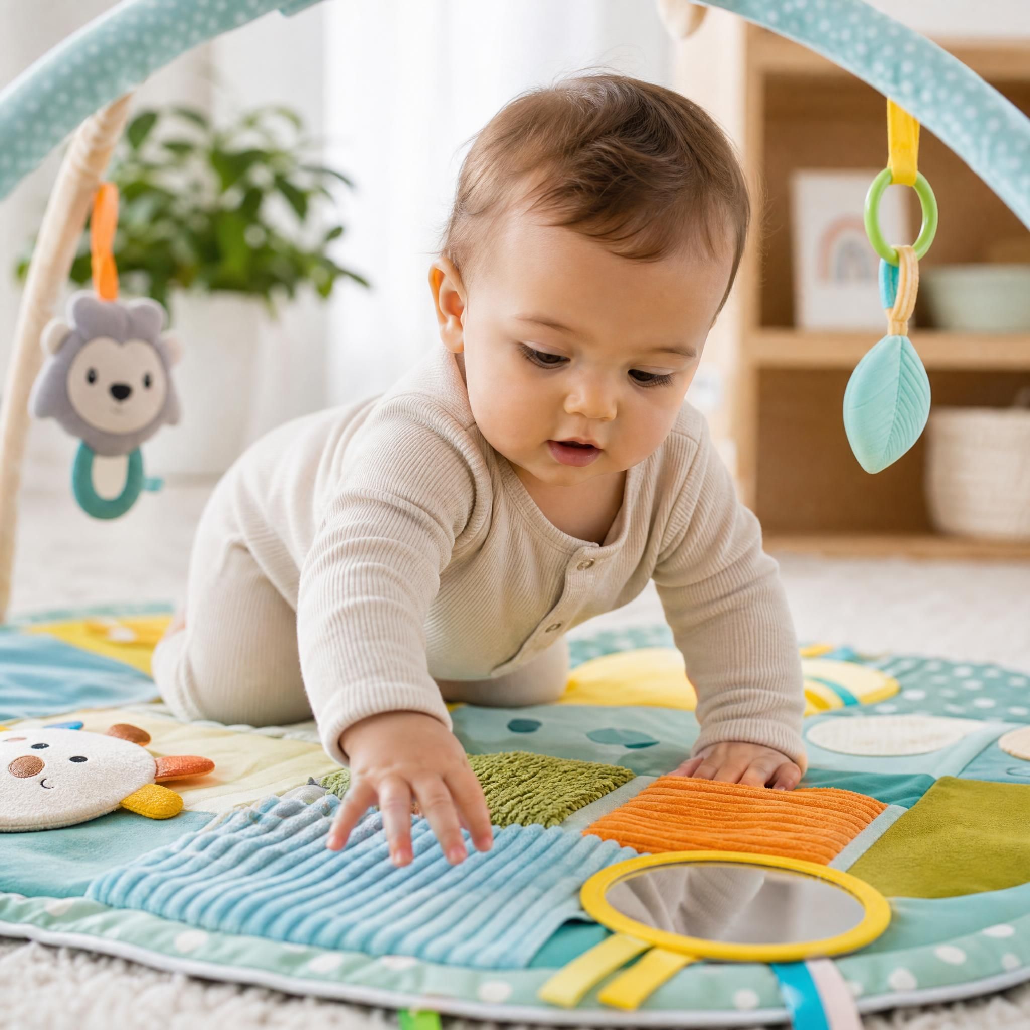 Bébé de 10 mois en train d'explorer un tapis d'éveil coloré avec des textures variées, regard concentré et curieux