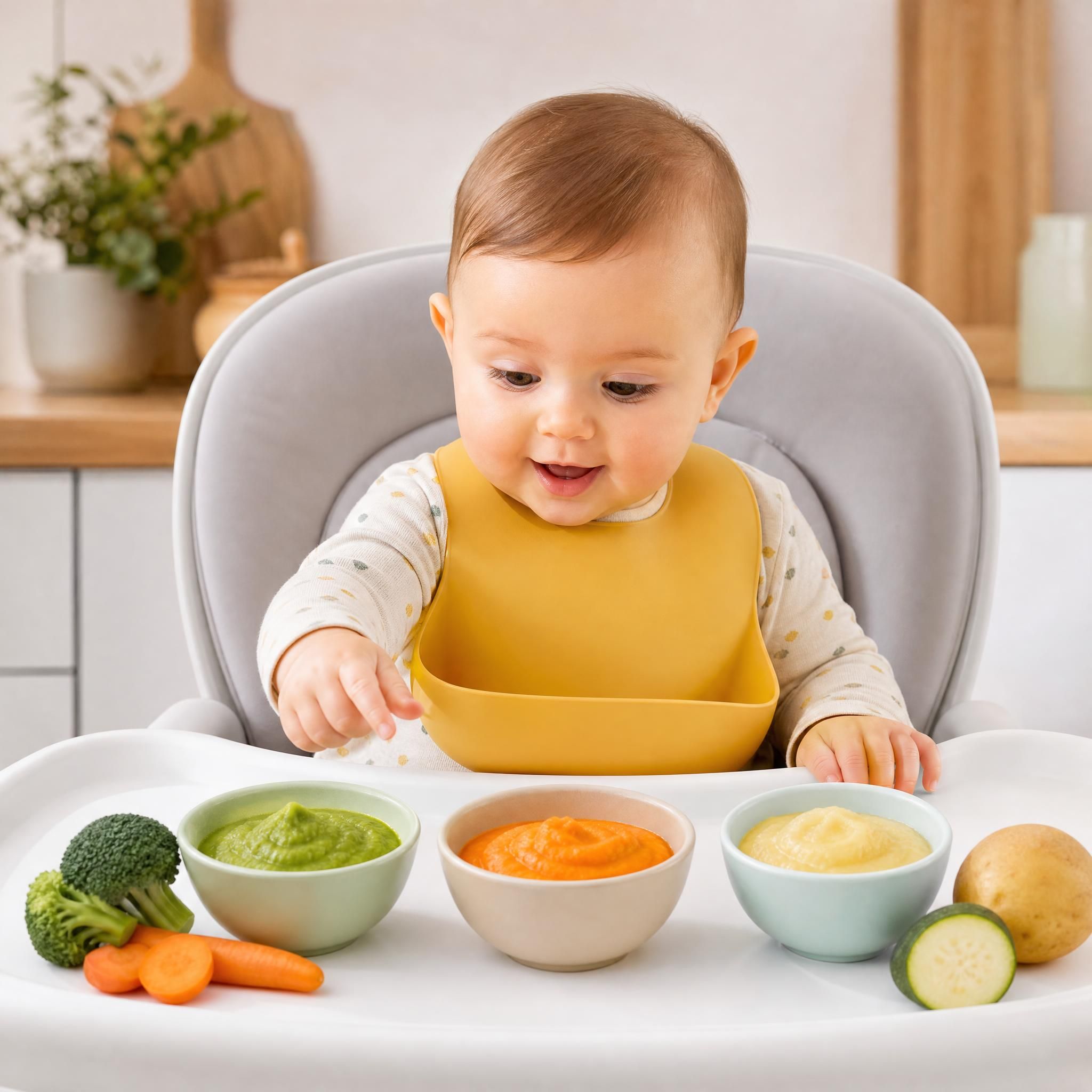 Bébé de 6 mois assis dans sa chaise haute découvrant des purées colorées de légumes avec curiosité