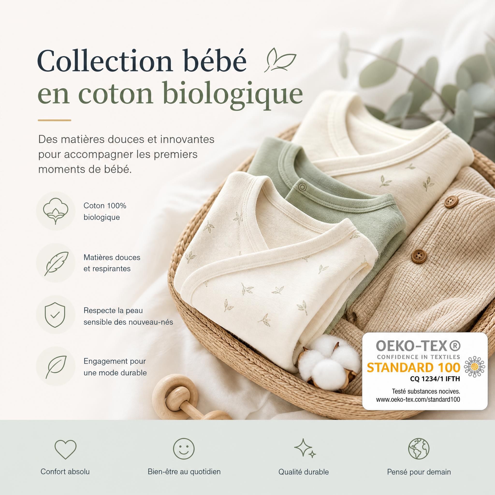 Collection vêtements bébé en coton biologique avec label certifié OEKO-TEX et matières douces innovantes pour nouveau-né