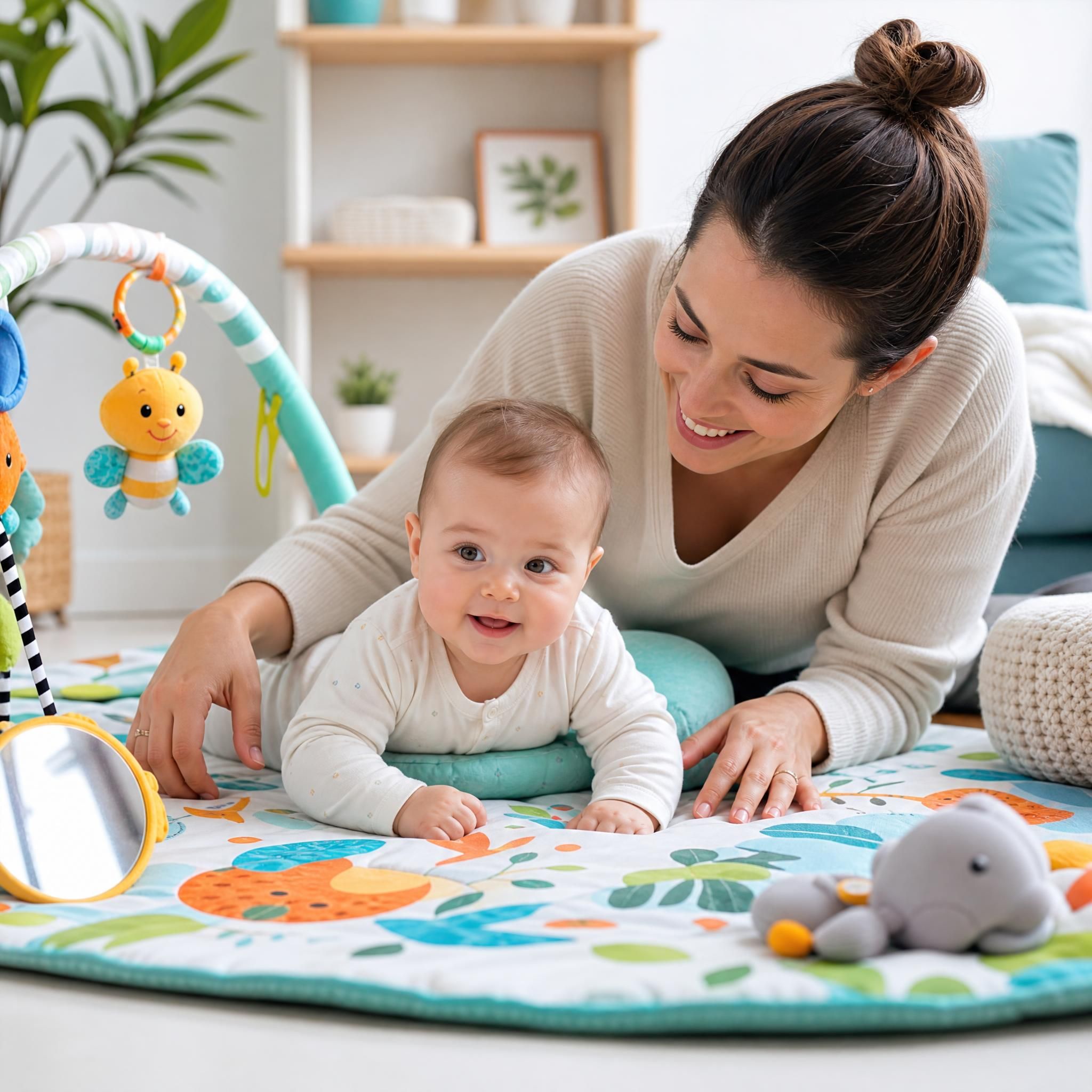 parent et bébé faisant du tummy time sur tapis d'éveil coloré, exercice motricité développement bébé