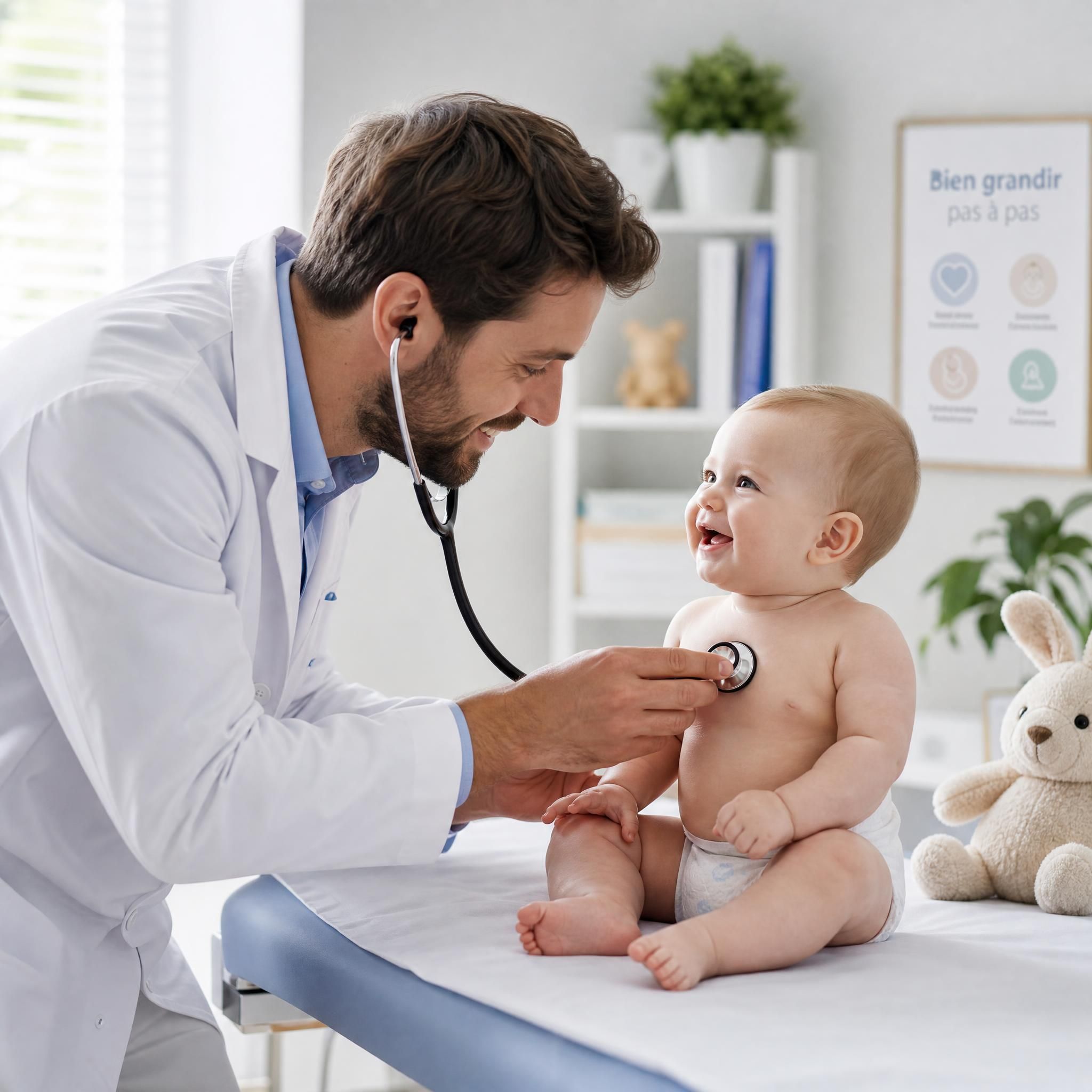 Pédiatre bienveillant examinant un bébé souriant lors d'une consultation de santé, suivi médical bébé premiers mois