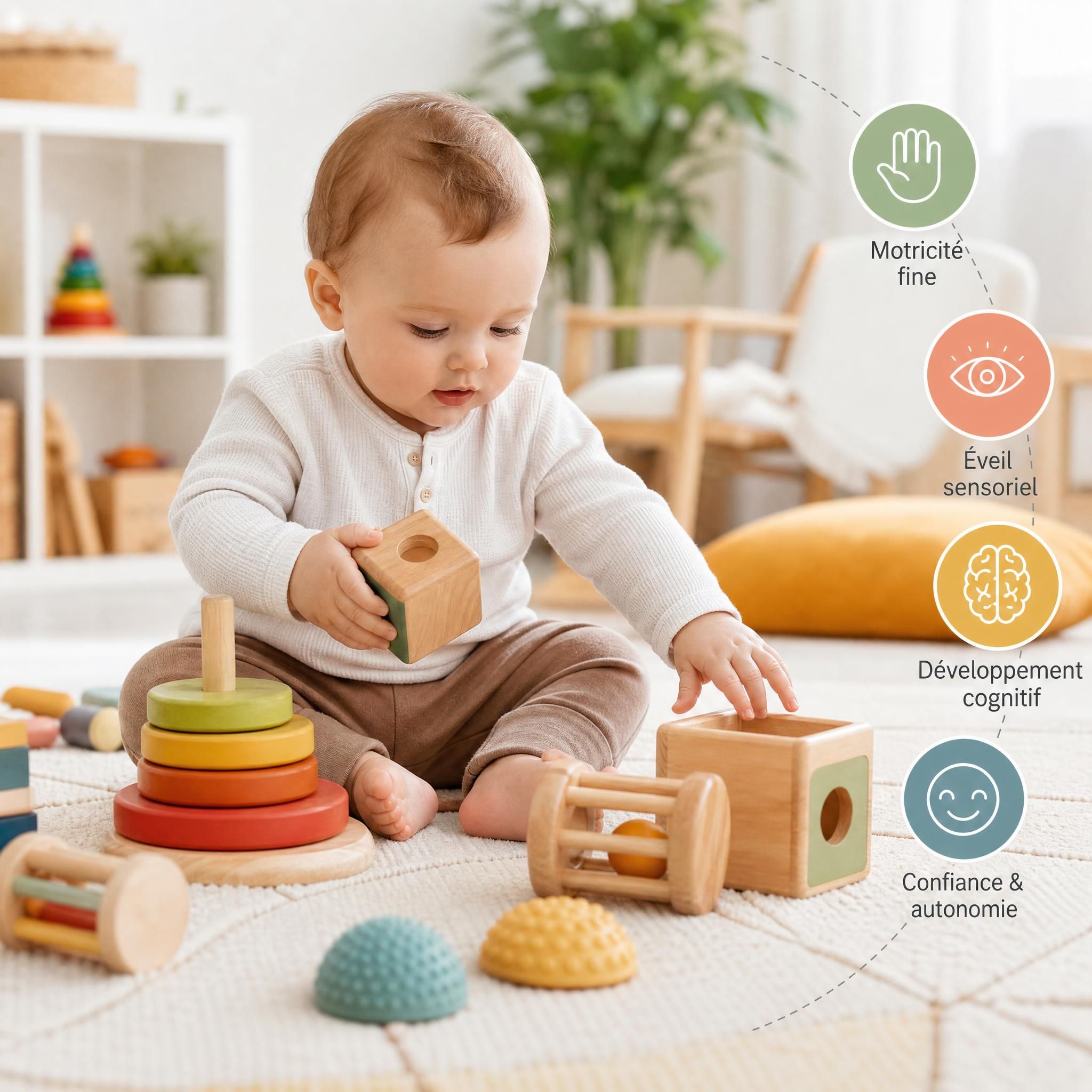 bébé jouant avec des jouets sensoriels colorés en bois naturel sur un tapis d'éveil, stimulation sensorielle développement