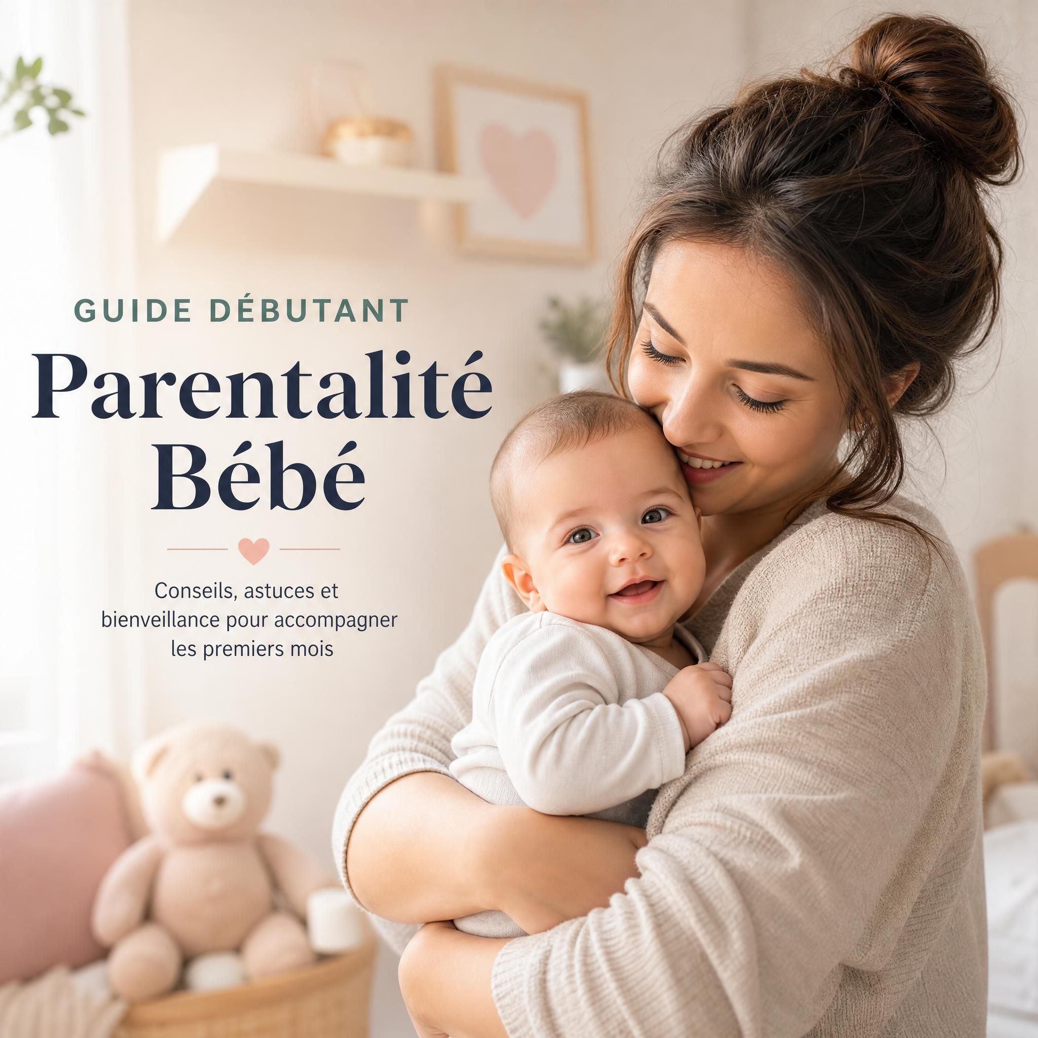 Jeune maman souriante tenant son bébé dans ses bras, ambiance chaleureuse et bienveillante, guide débutant parentalité bébé