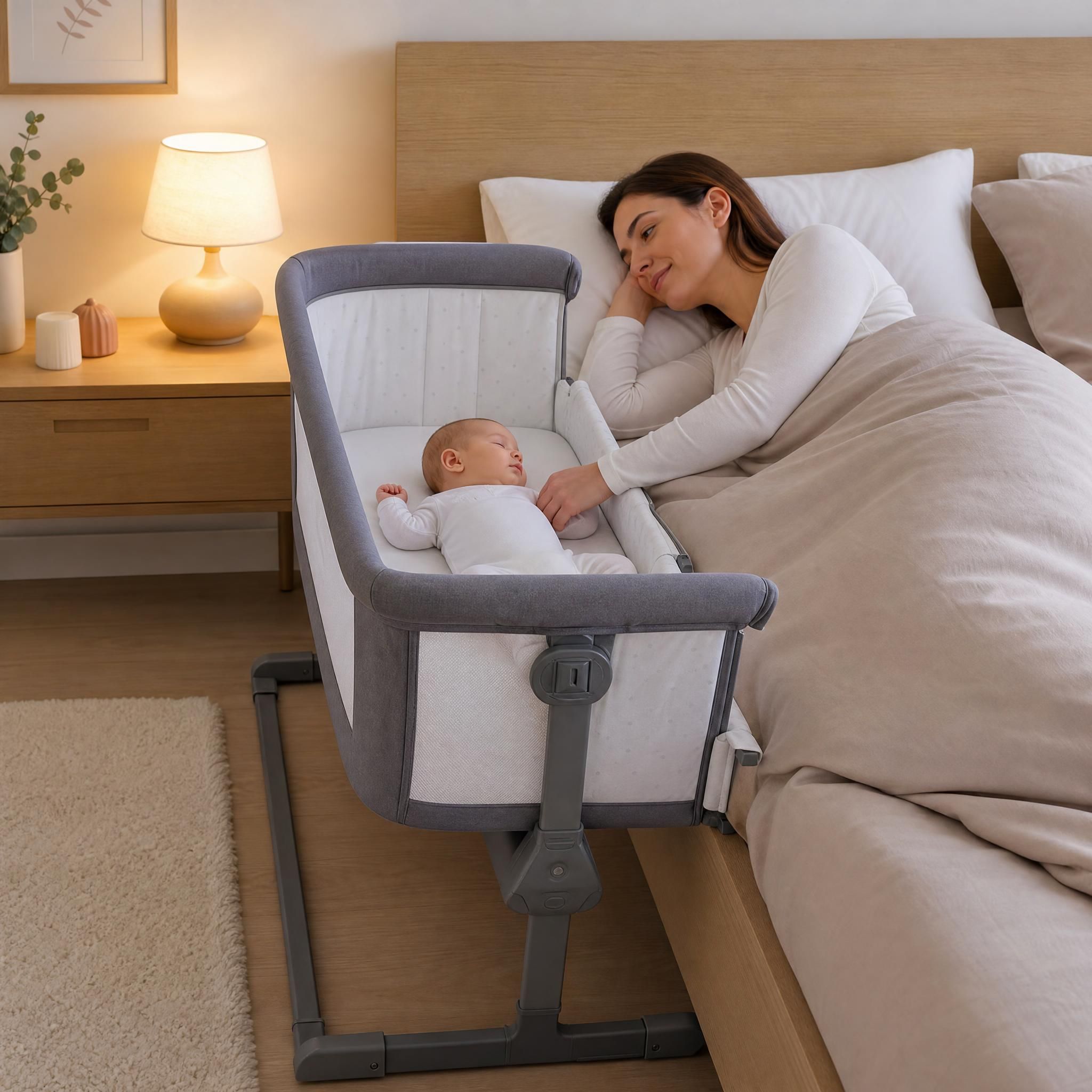Berceau cododo attaché au lit parental, sommeil bébé sécurisé, chambre parentale douce