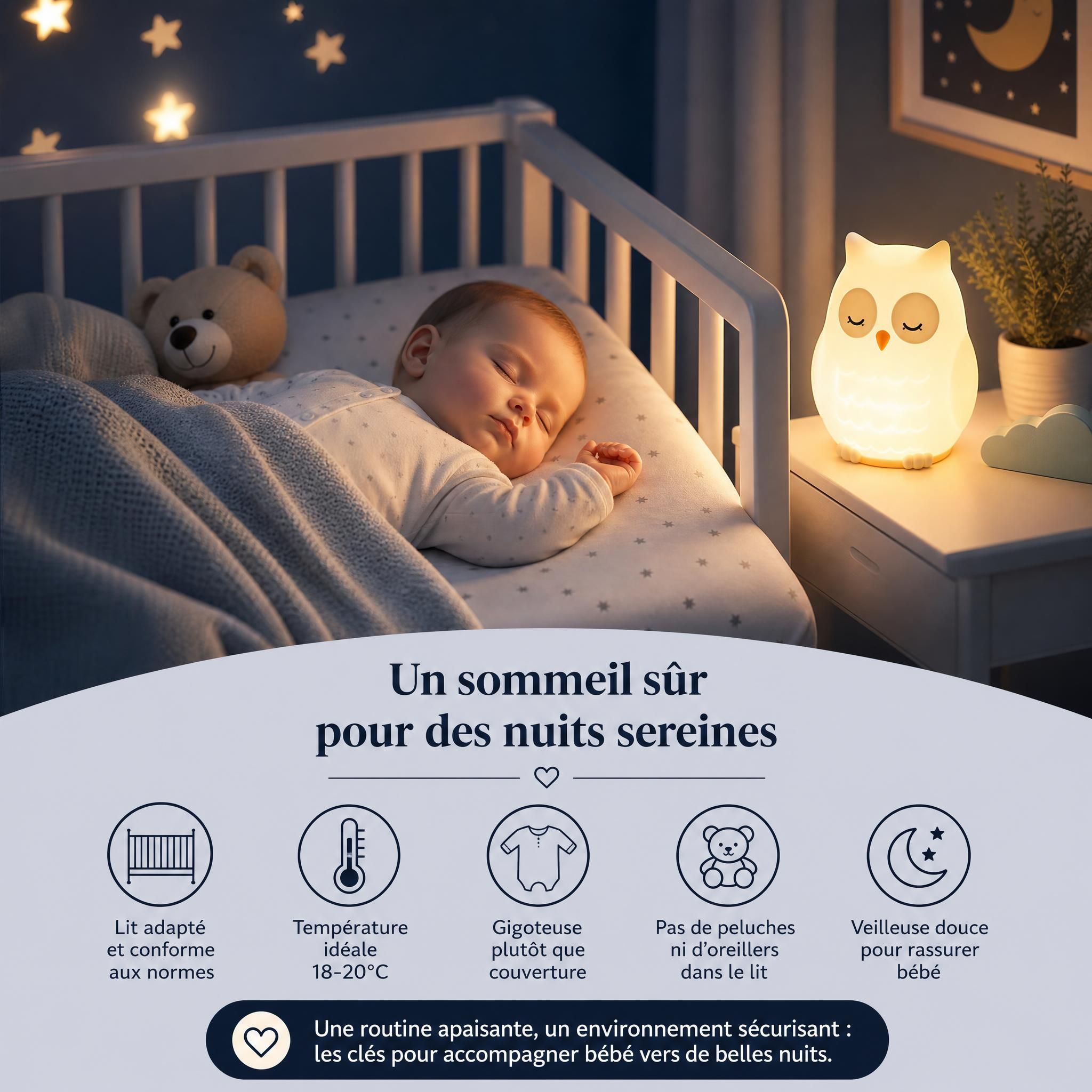 Bébé paisiblement endormi dans son lit avec une veilleuse douce, routine sommeil bébé sécurité nuit