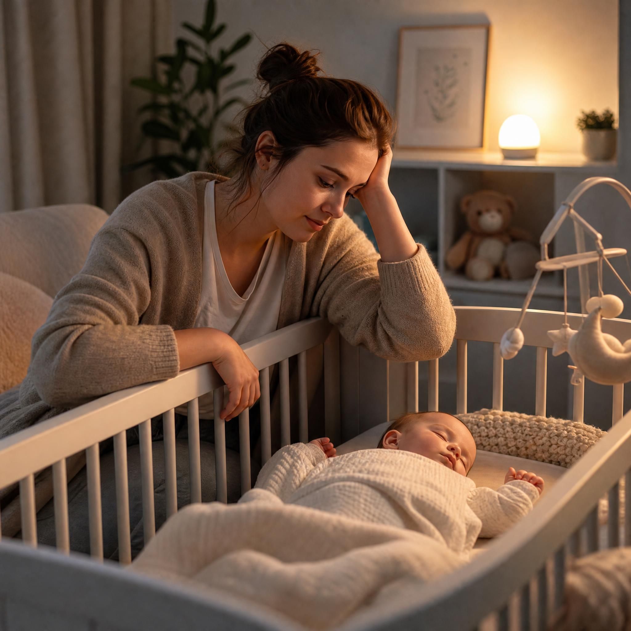 Jeune parent fatigué regardant son bébé endormi dans son berceau, lumière douce, atmosphère bienveillante