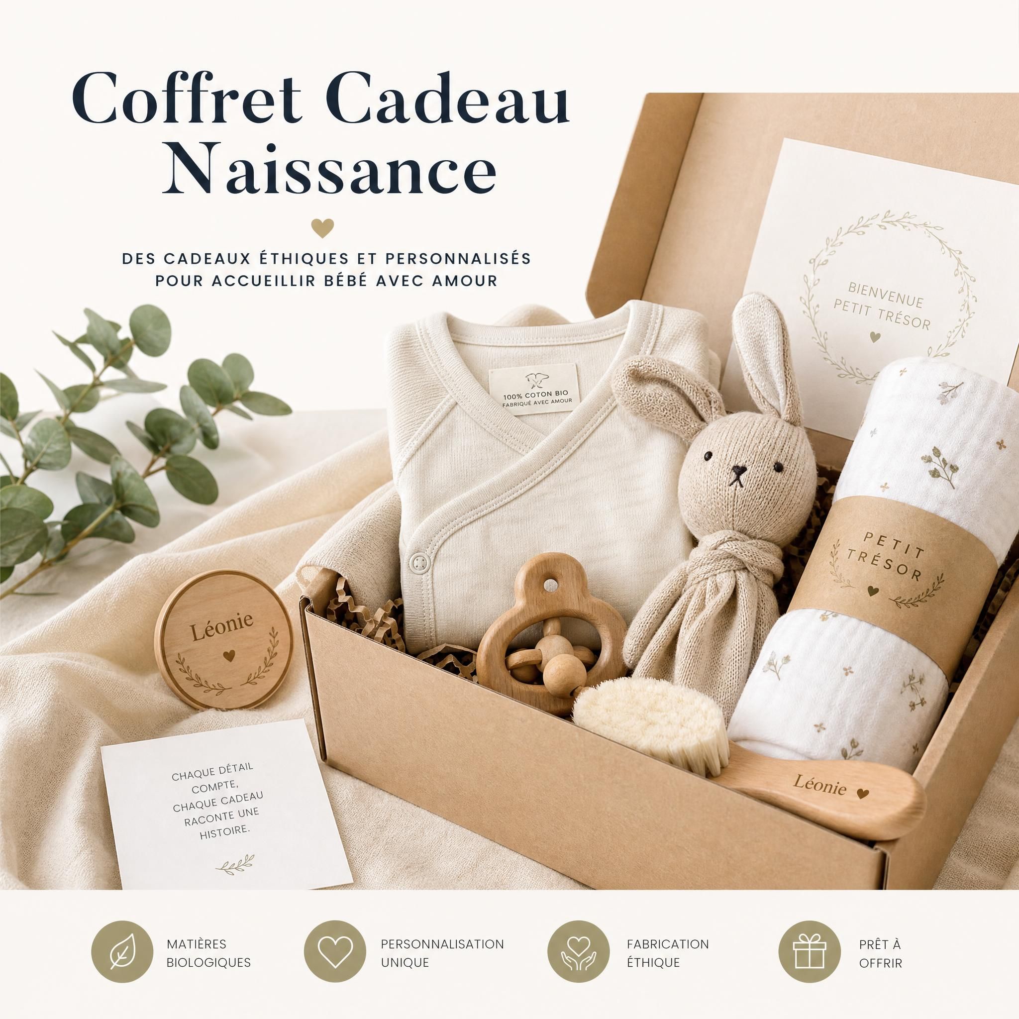 coffret cadeau naissance élégant avec vêtements bébé bio jouets en bois et accessoires personnalisés