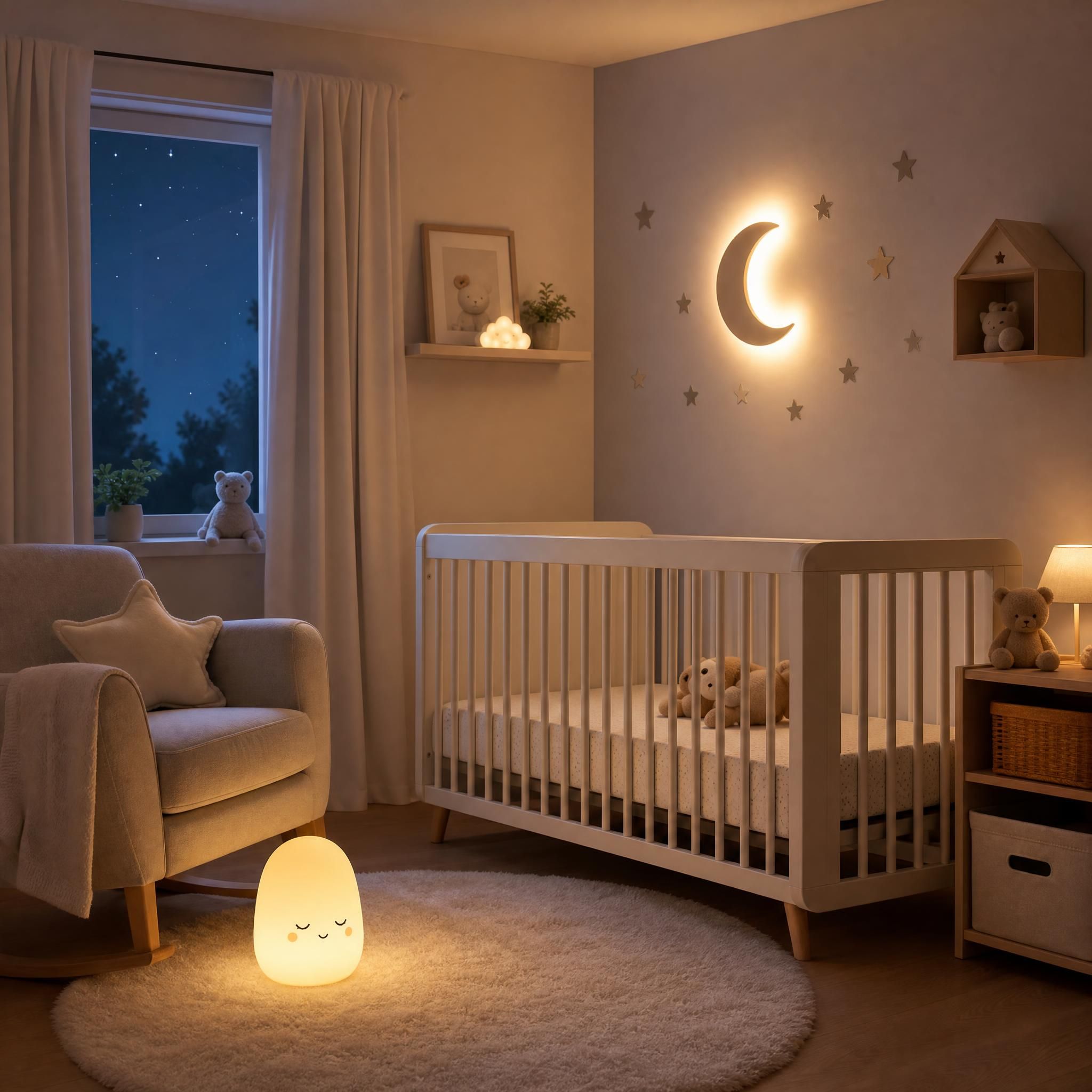 Chambre de bébé apaisante avec veilleuse douce, berceau sécurisé, atmosphère propice au sommeil