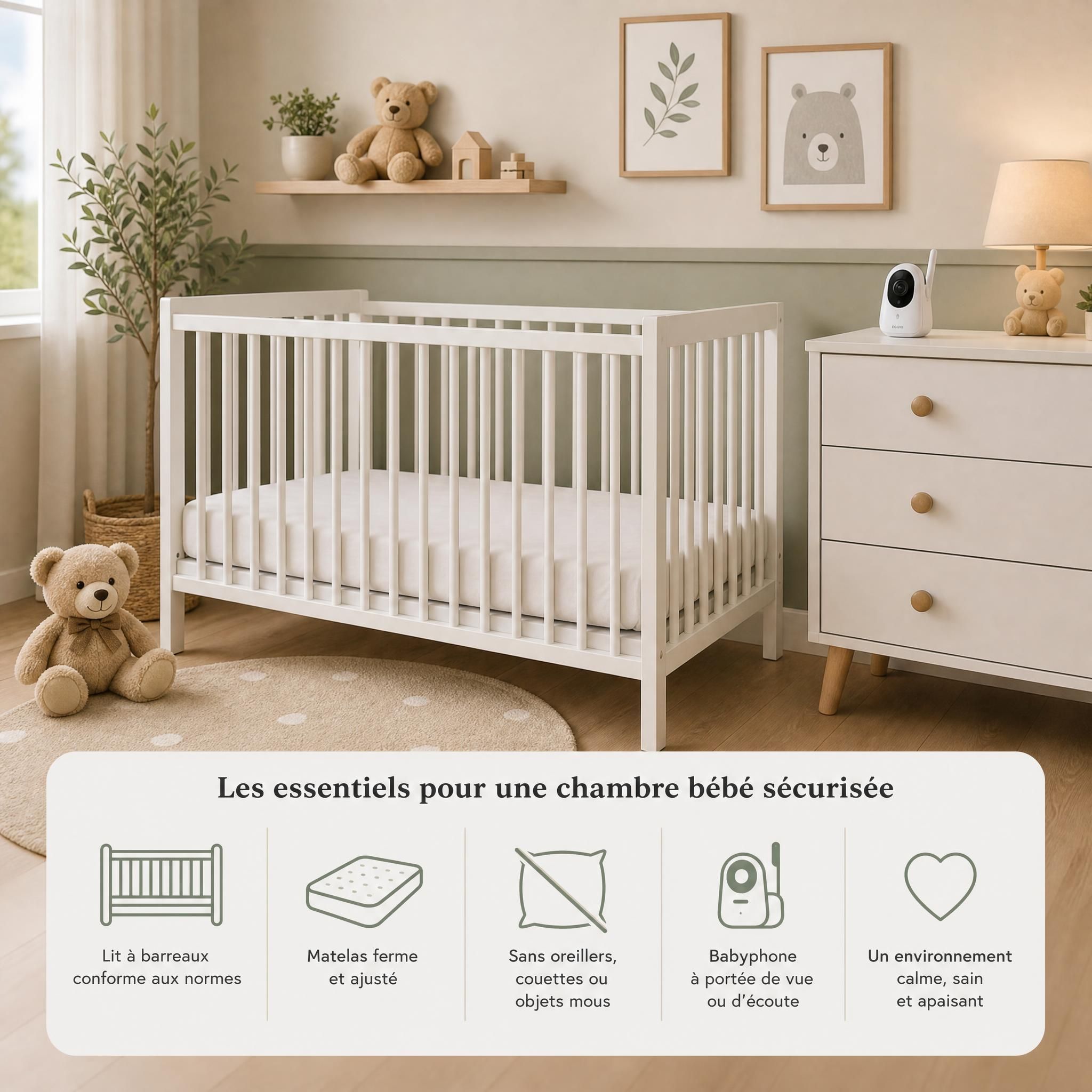 chambre bébé sécurisée avec lit à barreaux blanc, matelas ferme, sans oreillers ni couettes, babyphone posé sur la commode, ambiance douce et apaisante