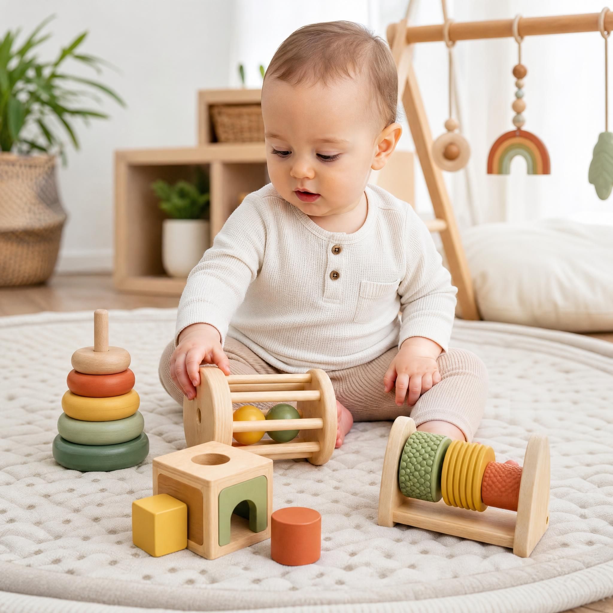 bébé jouant avec des jouets de développement sensoriels en bois sur un tapis d'éveil