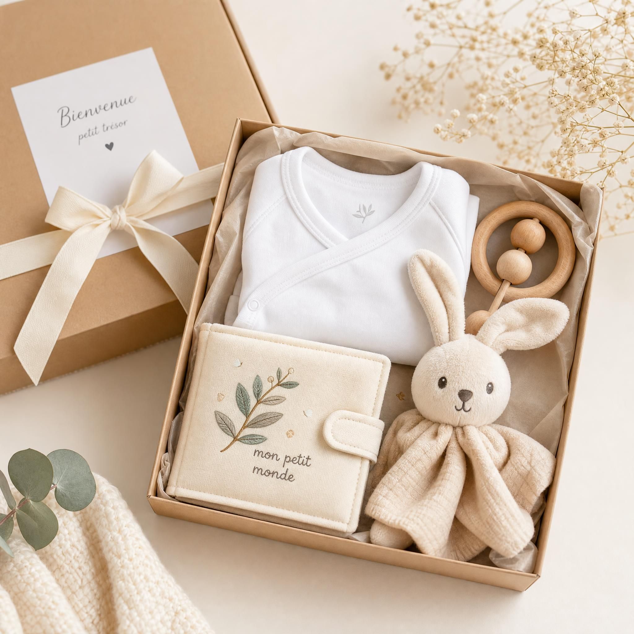 coffret cadeau naissance joliment emballé avec body blanc, hochet en bois naturel, doudou et livre tissu, fond crème élégant