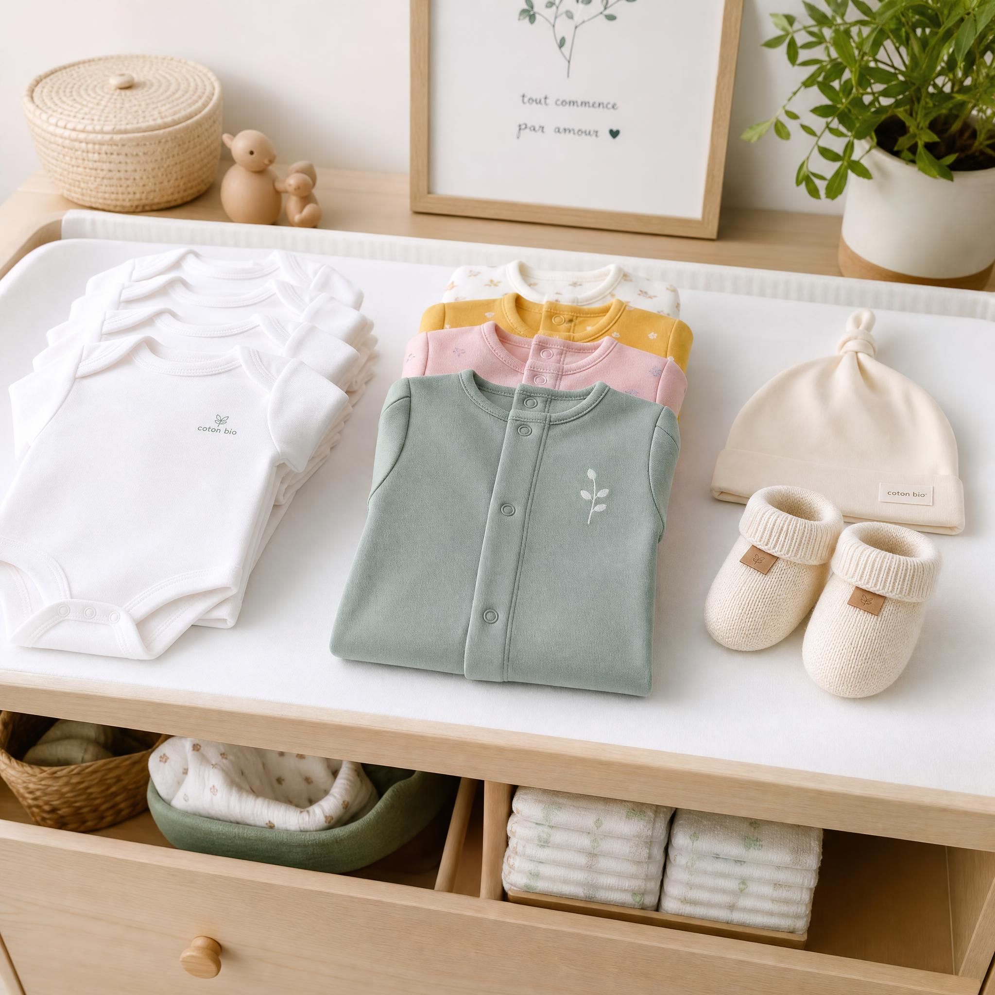 layette bébé organisée sur une table à langer : bodies blancs en coton bio, pyjamas colorés, bonnet naissance et chaussons