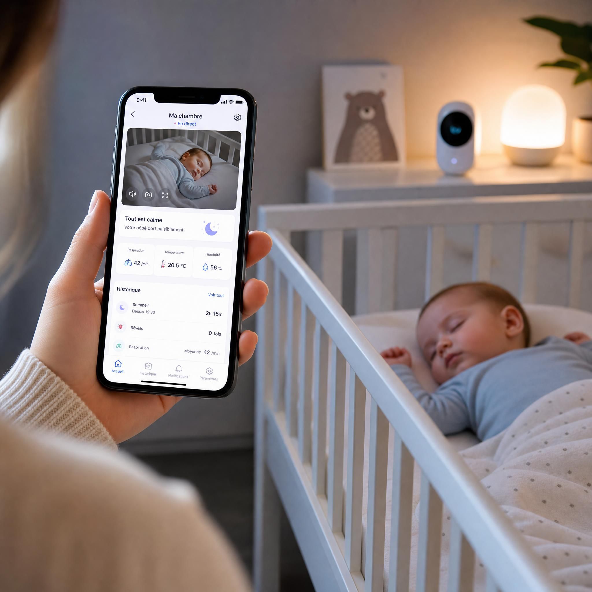 Parent tenant un smartphone avec une application de suivi bébé ouverte, bébé endormi en arrière-plan dans une chambre connectée