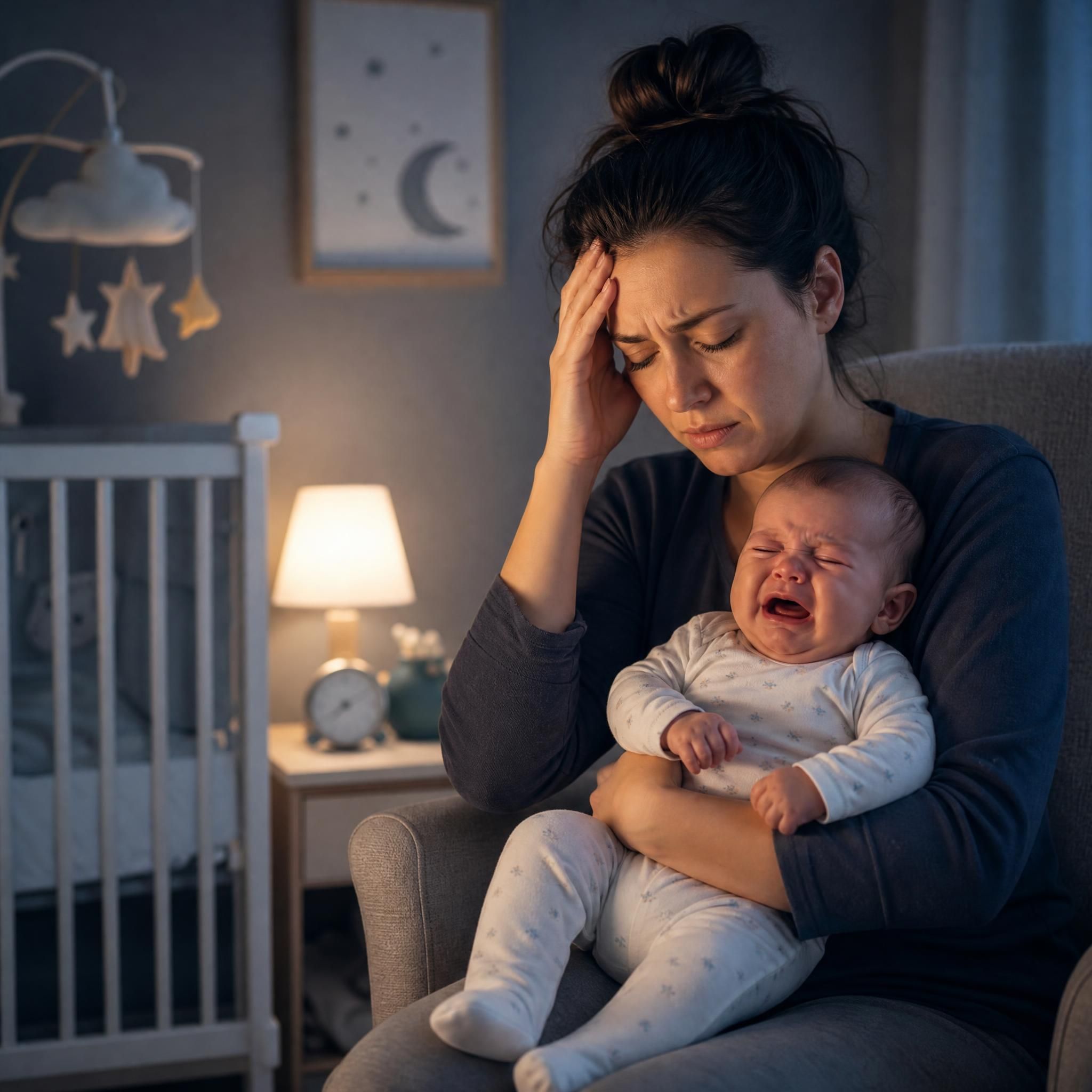 Parent épuisé la nuit tenant son bébé qui pleure, problèmes de sommeil bébé