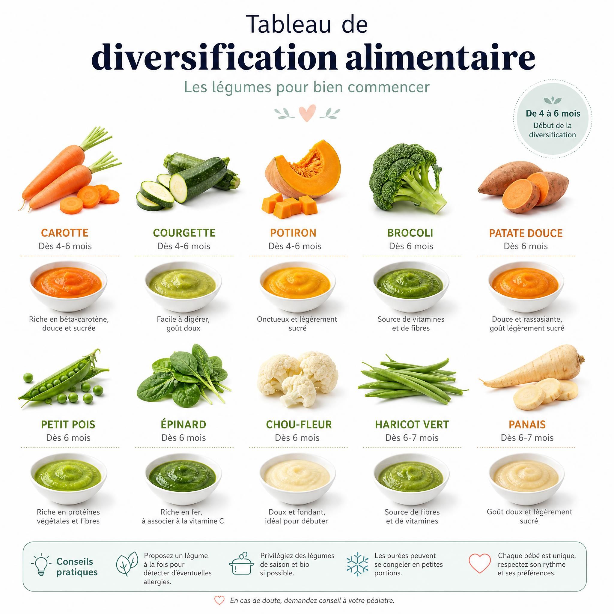 tableau de diversification alimentaire bébé avec légumes colorés et purées sur fond blanc, guide alimentation nourrisson