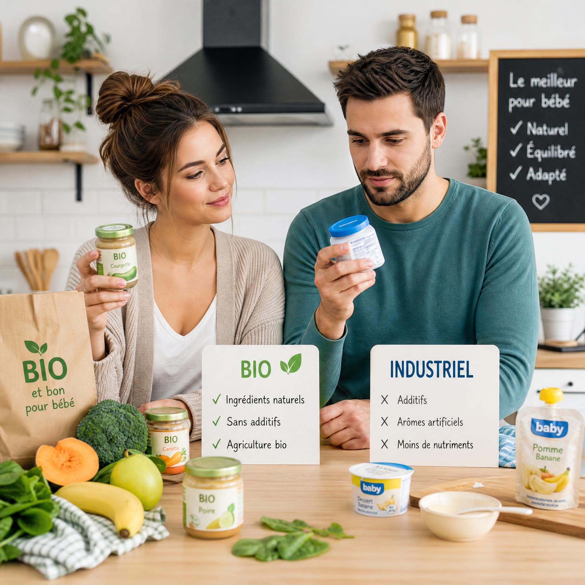 Parents comparant des produits bébé bio et industriels dans une cuisine moderne, alimentation bébé saine
