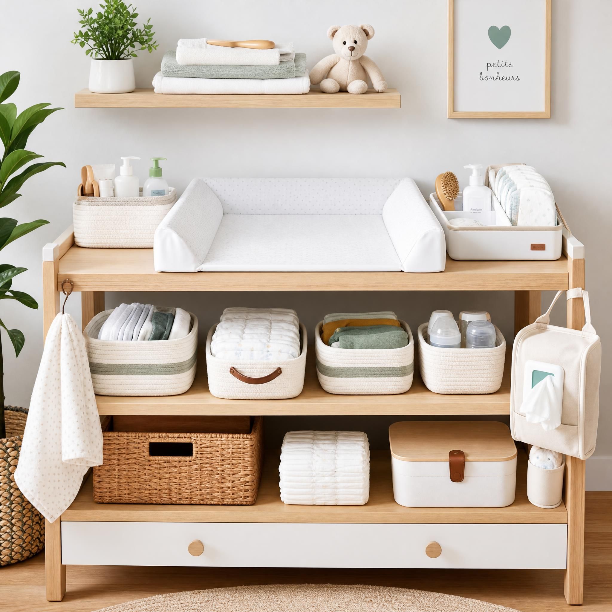 table à langer avec tous les accessoires bébé essentiels organisés proprement