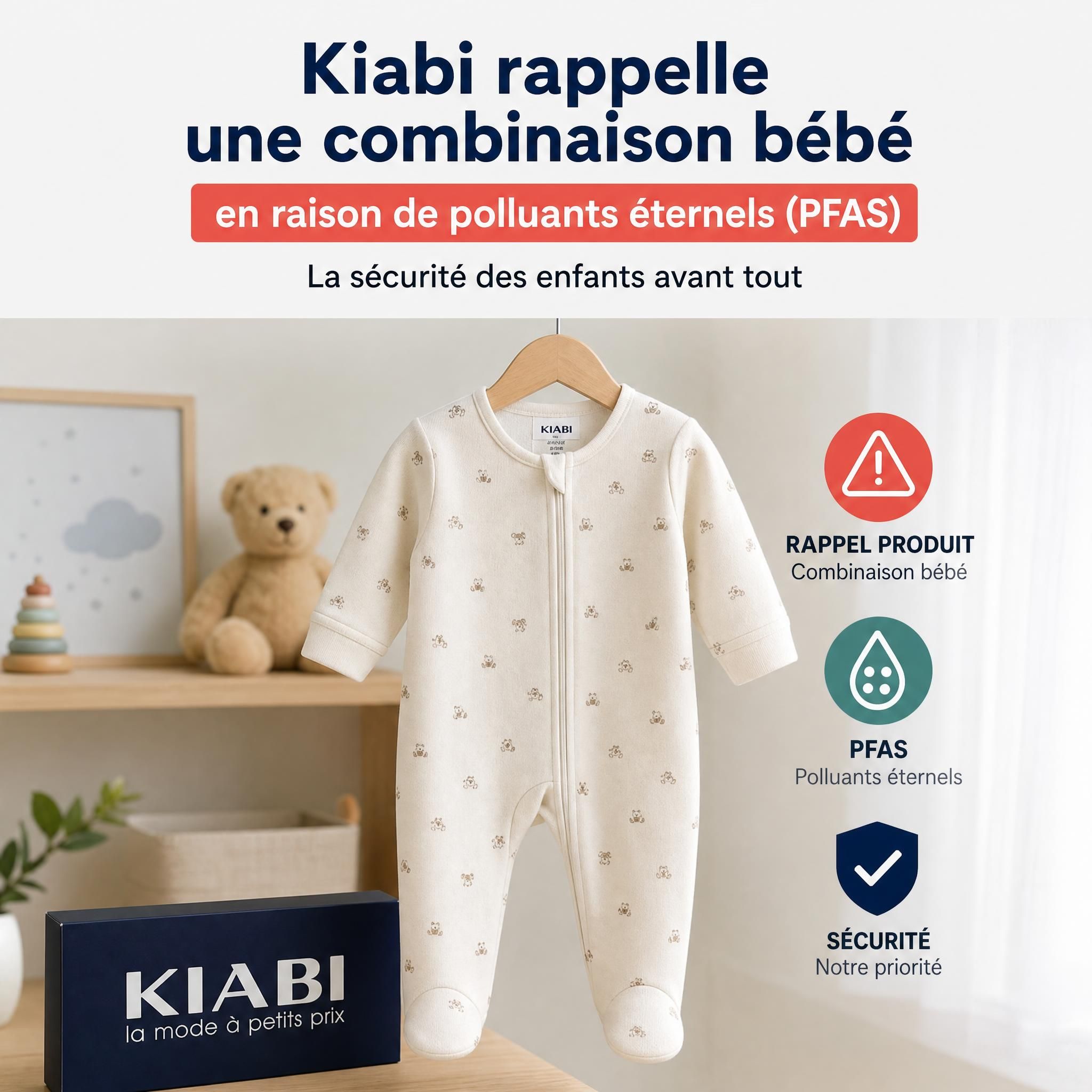 Combinaison bébé rappelée par Kiabi en raison de polluants éternels PFAS, vêtements enfant sécurité