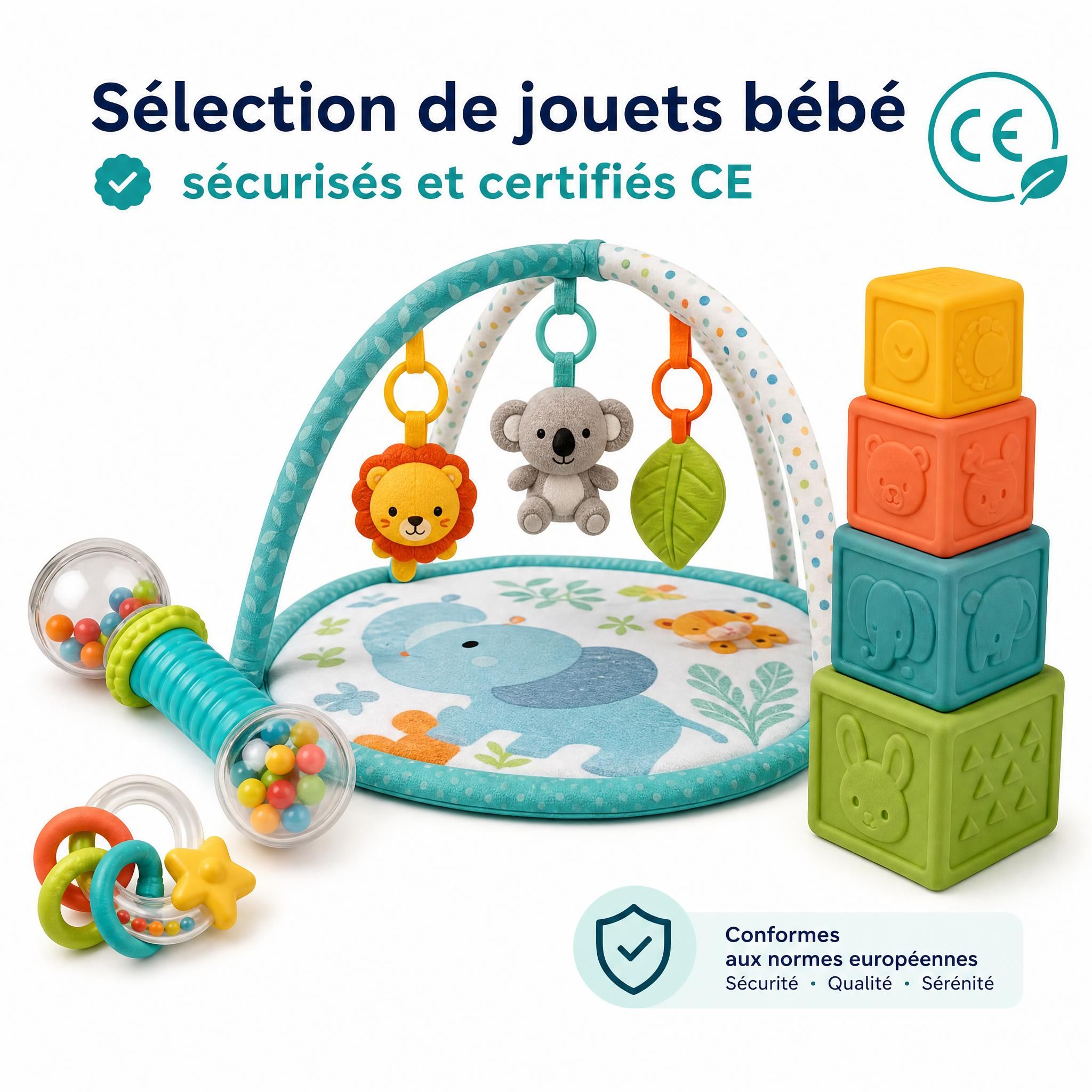 Sélection de jouets bébé sécurisés et certifiés CE — hochets, tapis d'éveil et cubes d'empilage colorés sur fond blanc