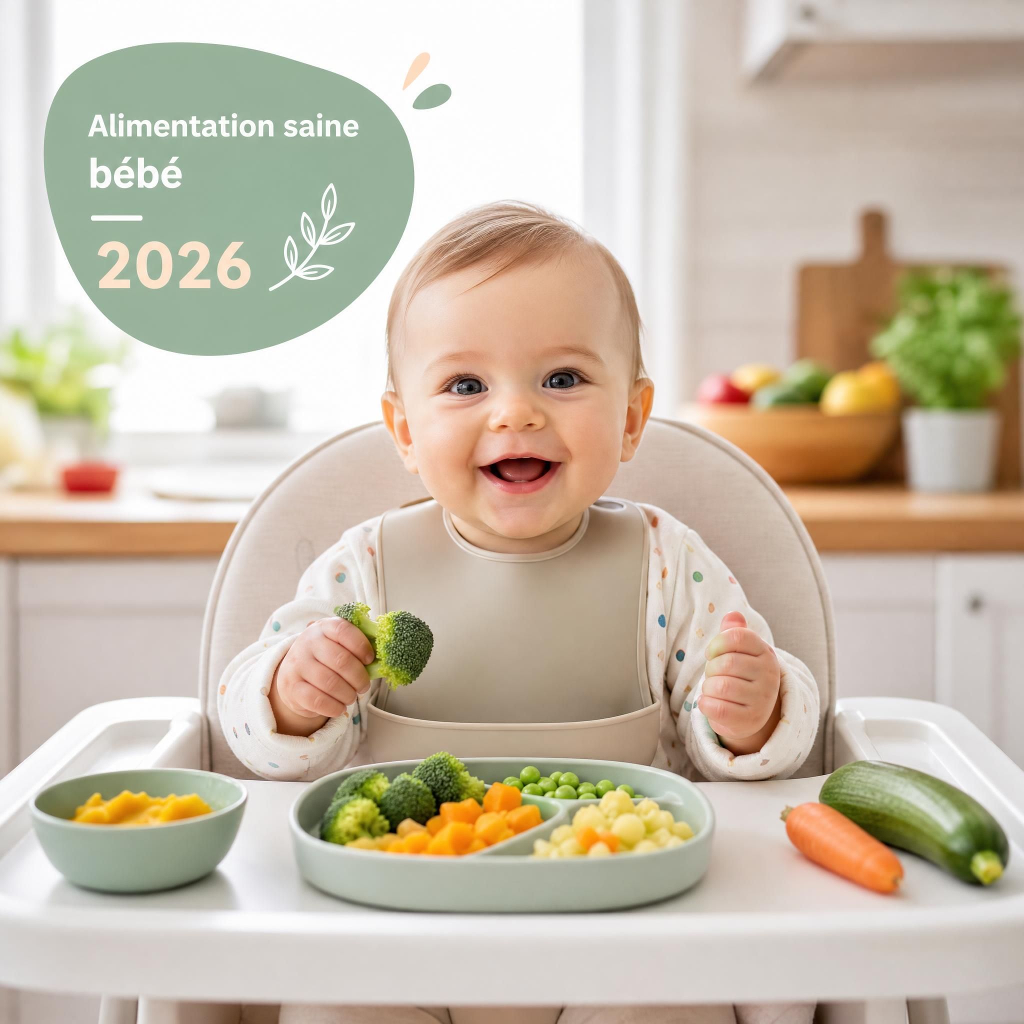 Bébé souriant dans une chaise haute avec des légumes colorés devant lui, alimentation saine bébé 2026
