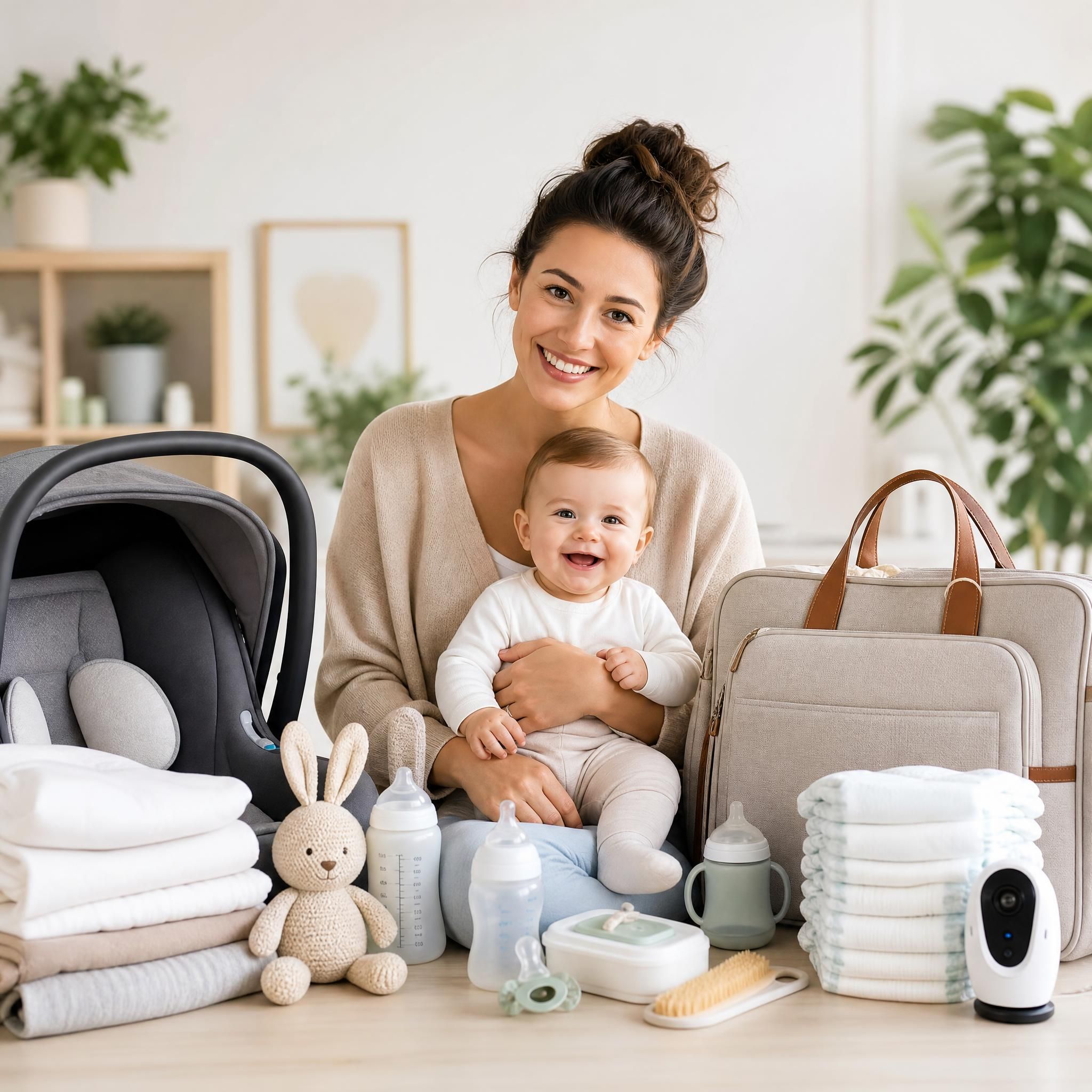 jeune maman souriante avec son bébé entourée d'accessoires de puériculture essentiels