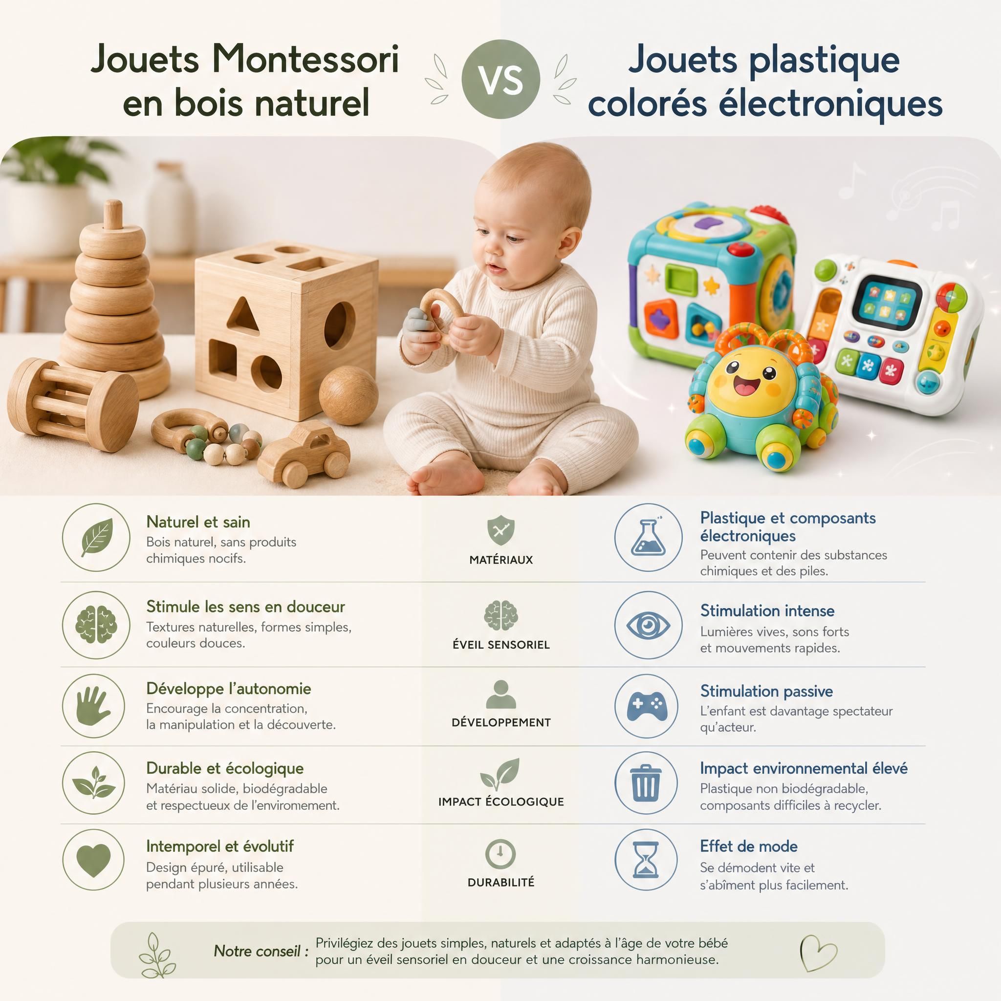 Comparaison jouets Montessori en bois naturel versus jouets plastique colorés électroniques pour bébé éveil sensoriel