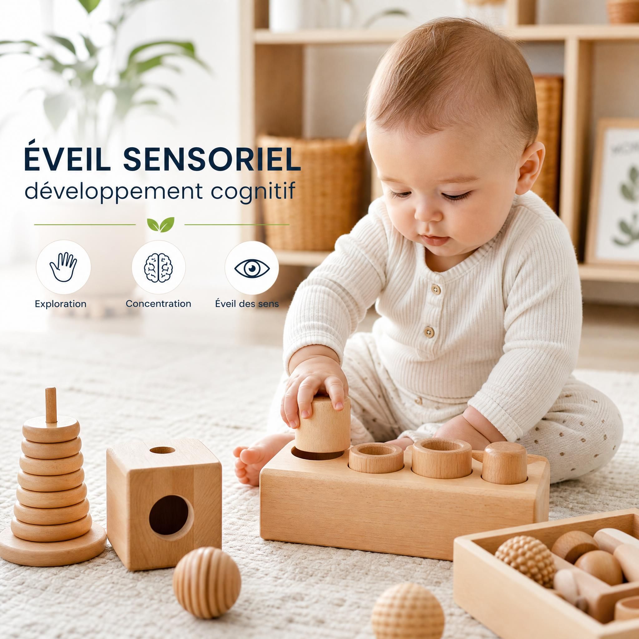 Bébé explorant des jouets sensoriels en bois naturel Montessori, éveil sensoriel développement cognitif