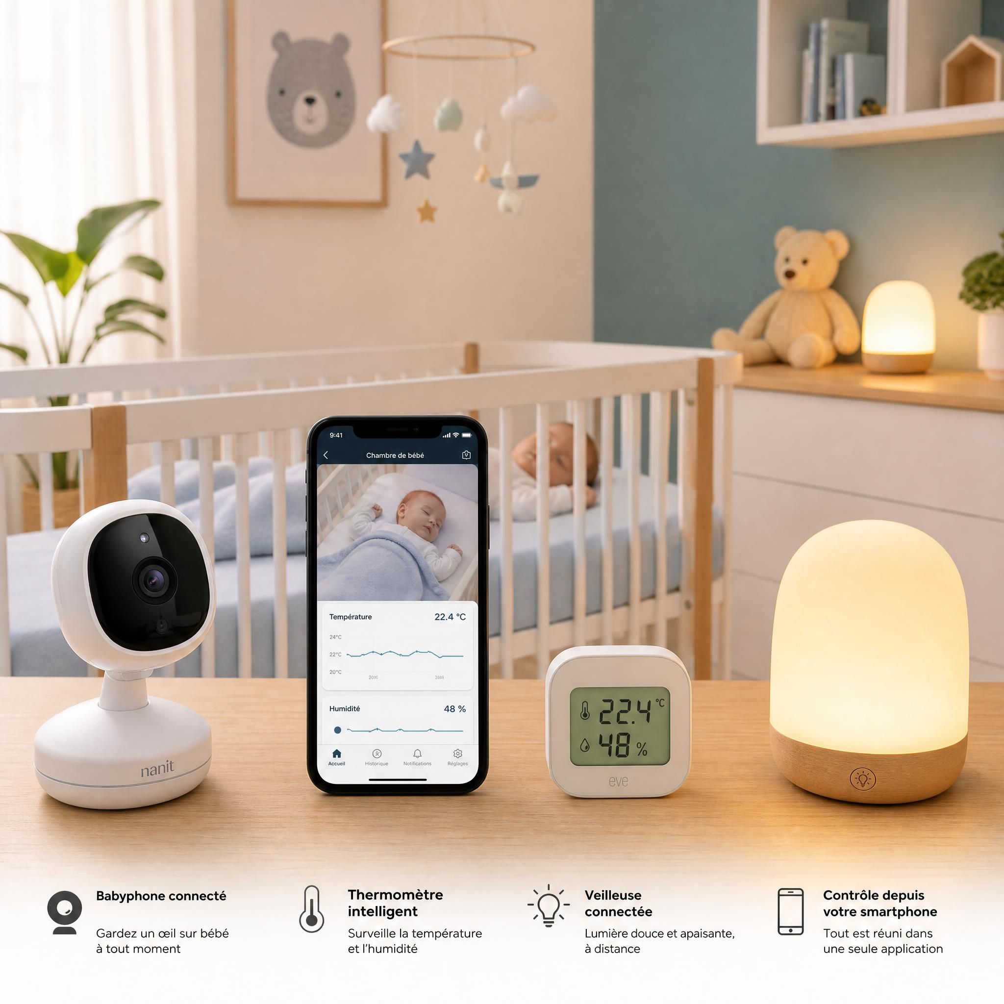 Chambre de bébé moderne avec babyphone connecté, thermomètre intelligent et veilleuse connectée disposés harmonieusement