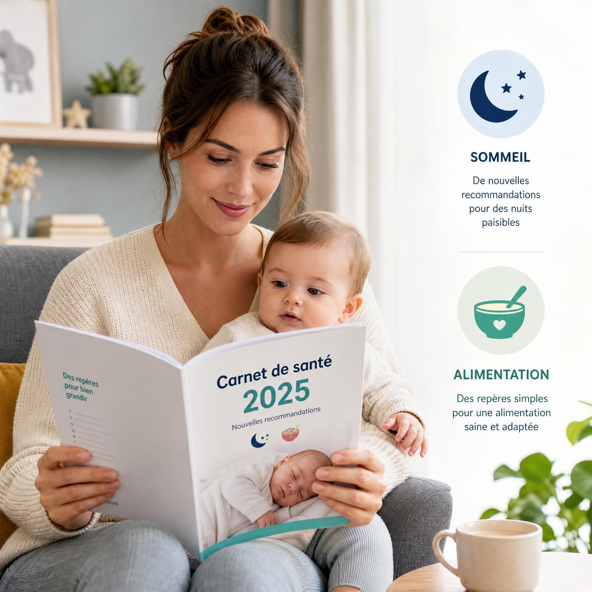 Mère lisant le carnet de santé 2025 de son bébé, nouvelles recommandations sommeil et alimentation