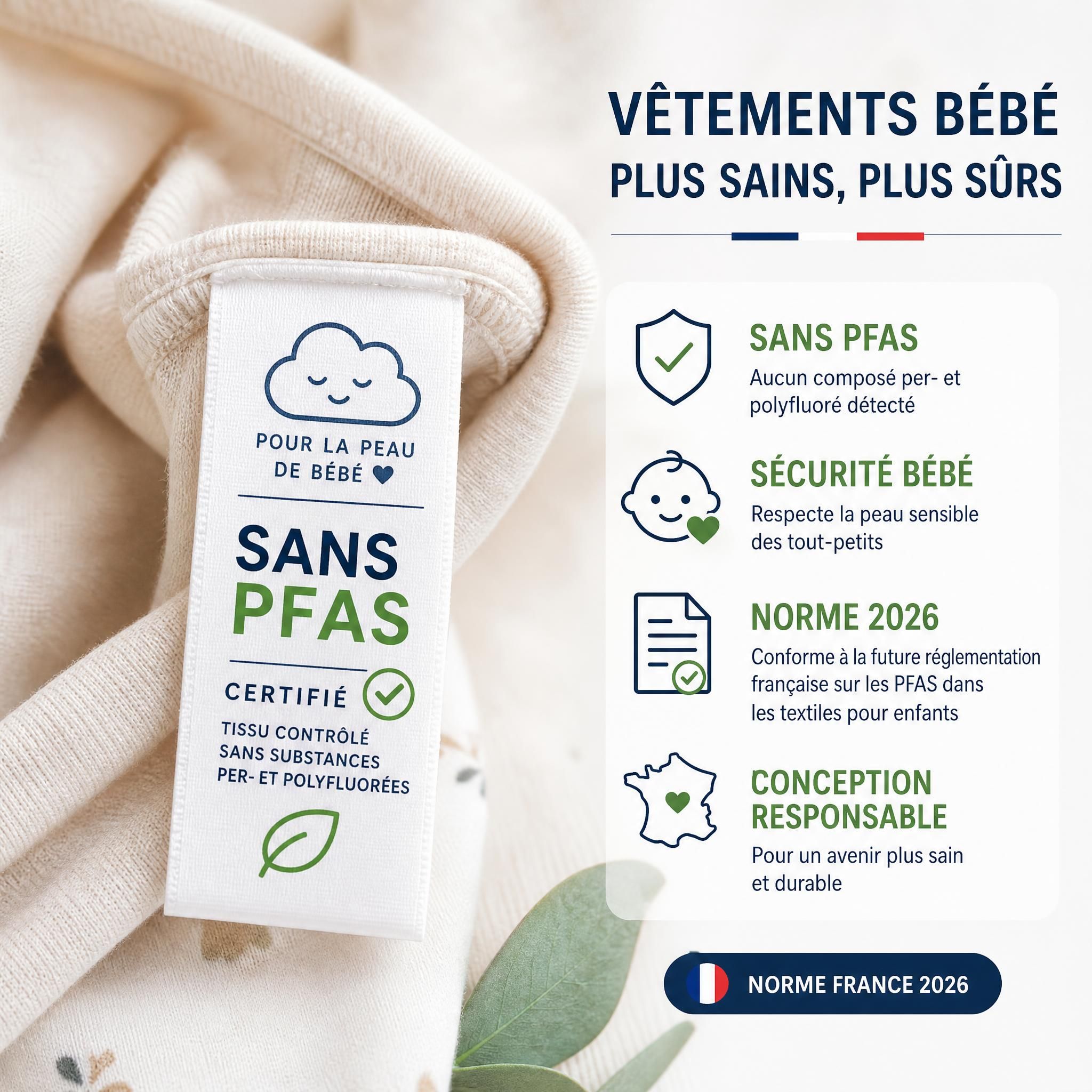 Étiquette vêtement bébé certifié sans PFAS, norme sécurité textile enfant 2026 France