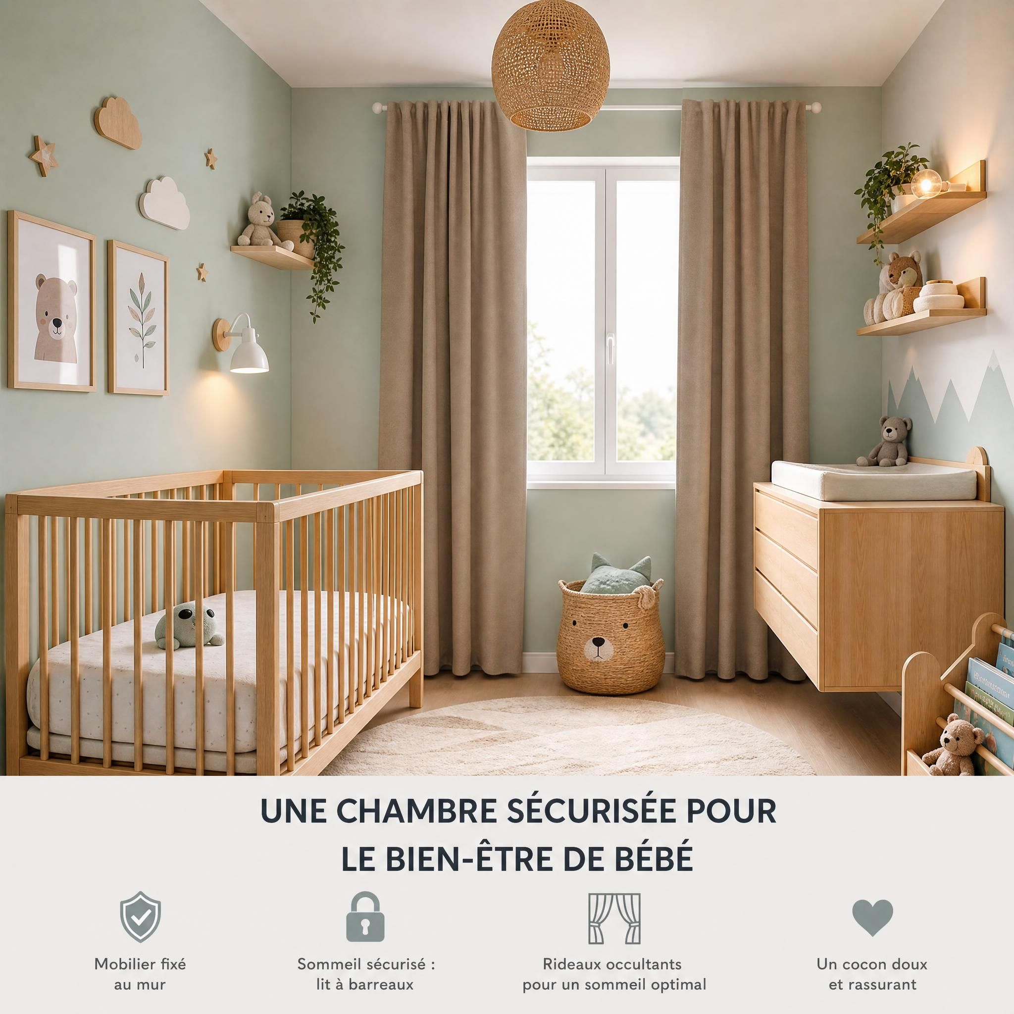 Chambre bébé aménagée de façon sécurisée et cosy — lit à barreaux en bois naturel, couleurs douces pastel, rideaux occultants et mobilier fixé au mur