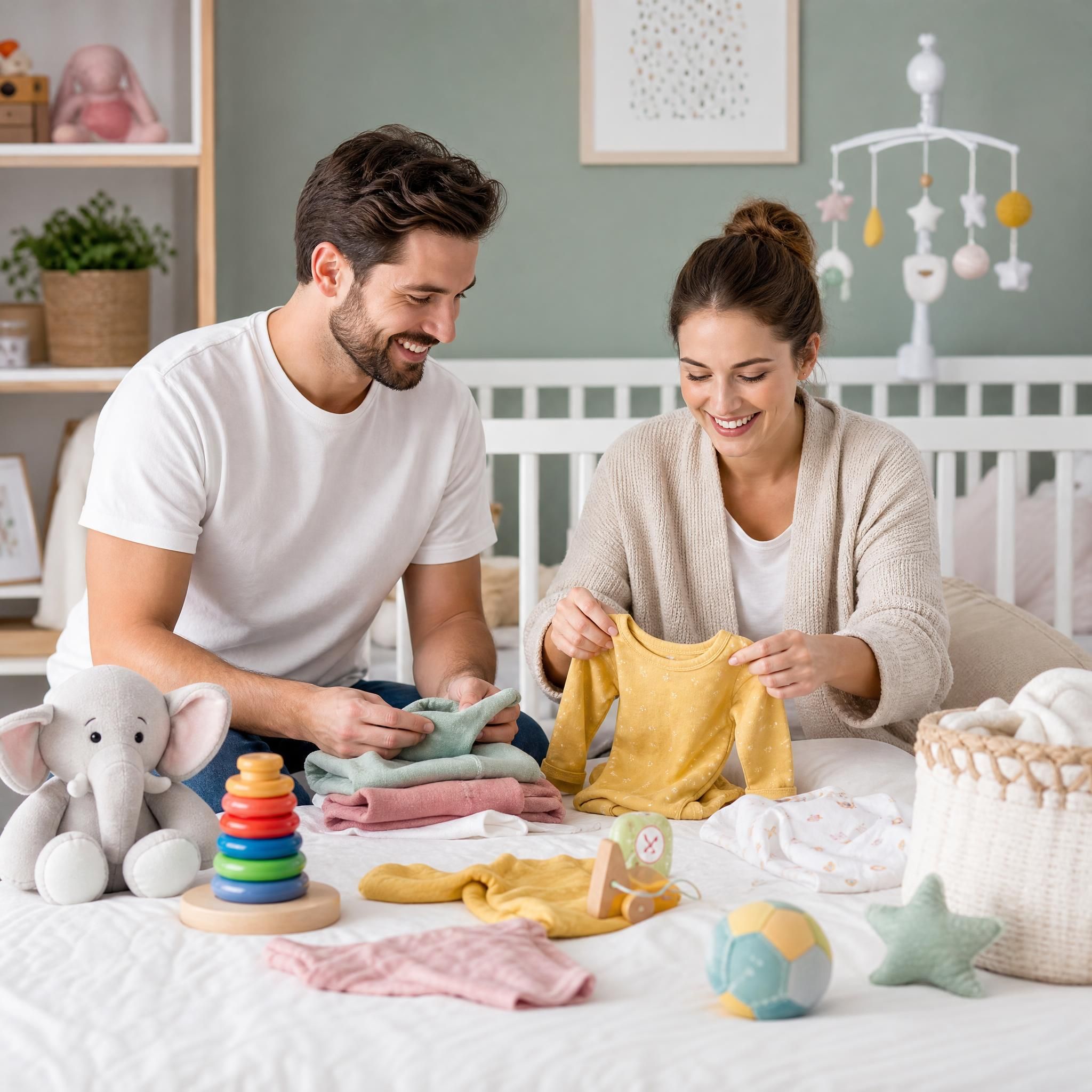 jeune couple heureux préparant la chambre bébé avec jouets et vêtements colorés posés sur un lit blanc