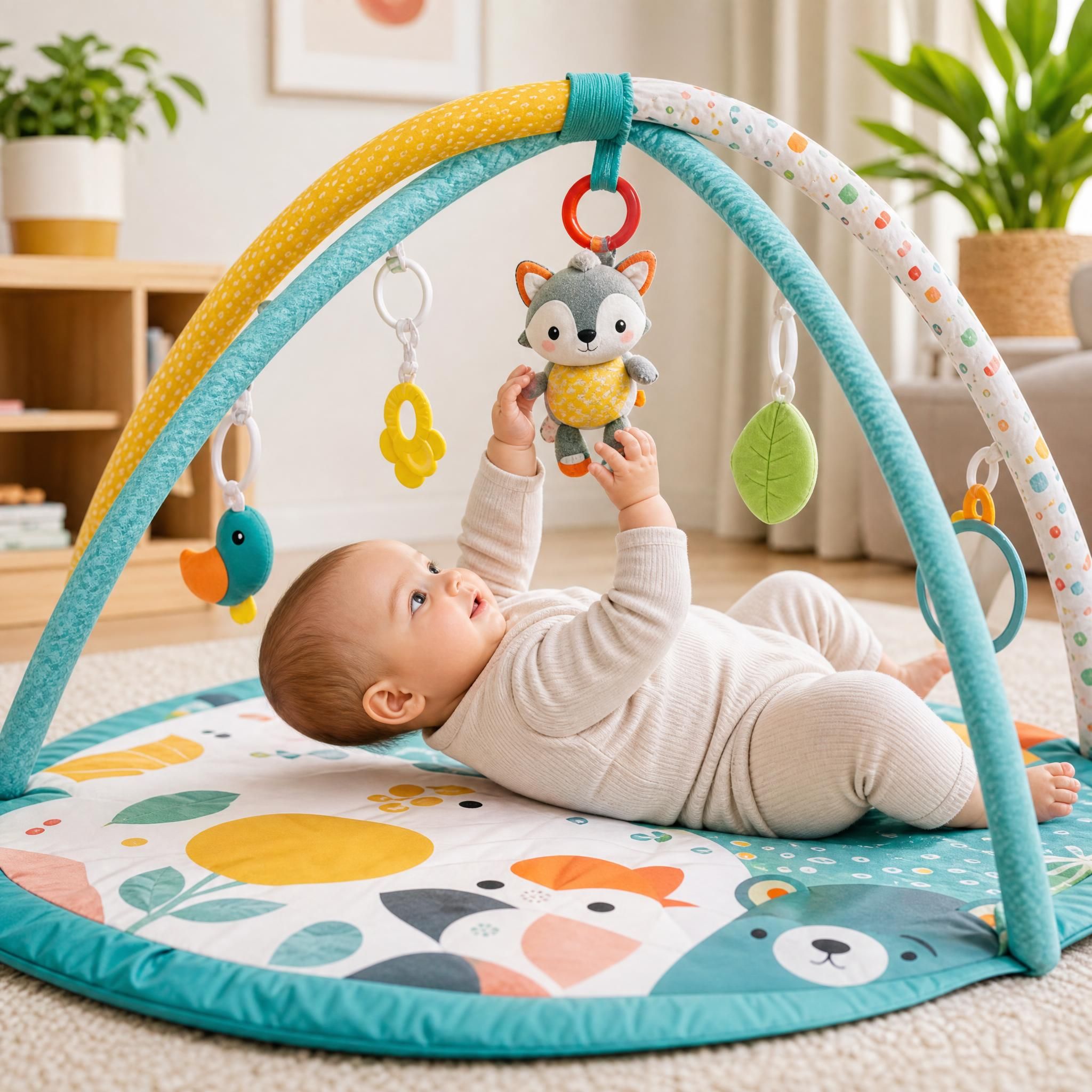 tapis d'éveil coloré avec bébé de 4 mois qui attrape des jouets suspendus