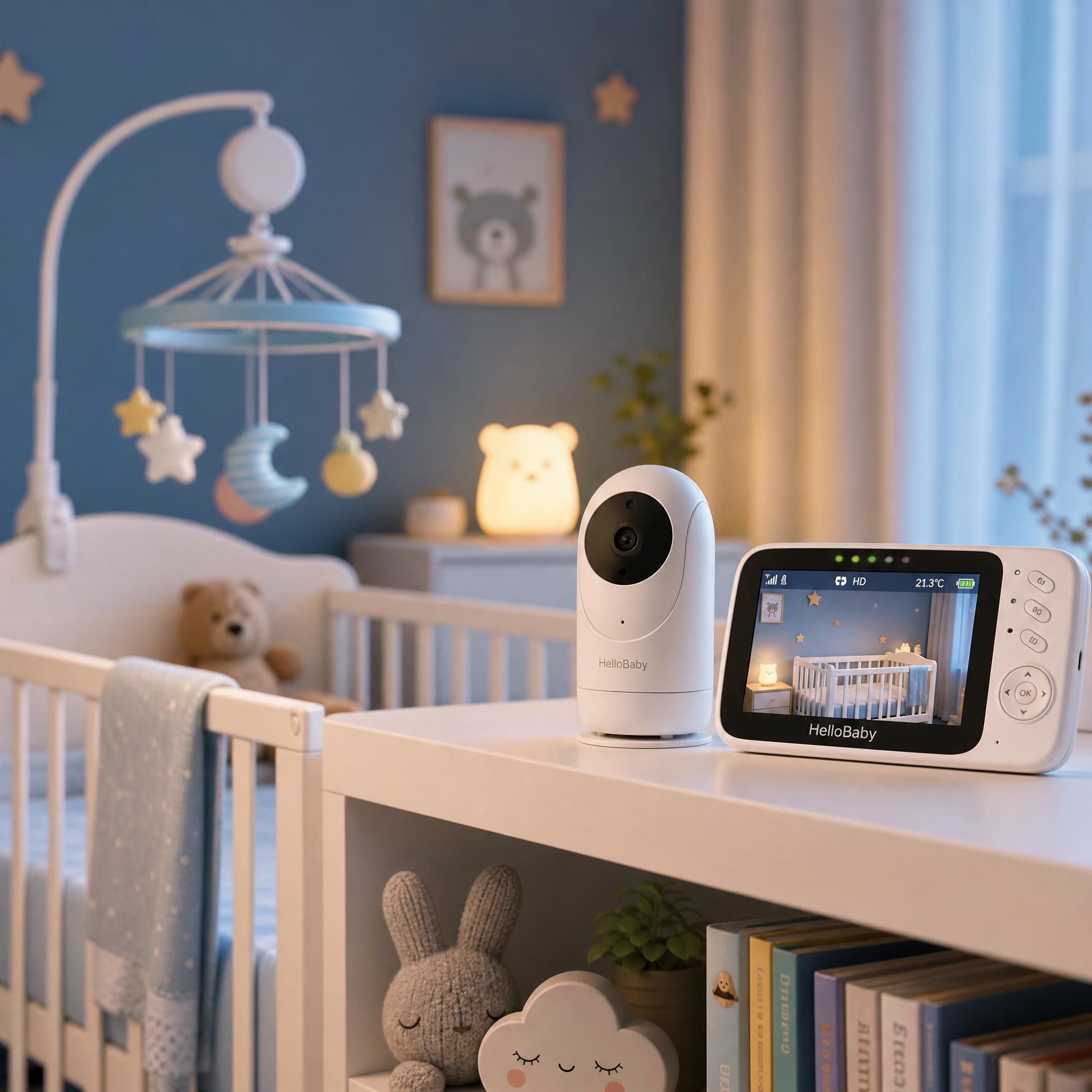 Babyphone vidéo HD posé sur une étagère dans une chambre bébé sécurisée avec lit, veilleuse et mobile musical