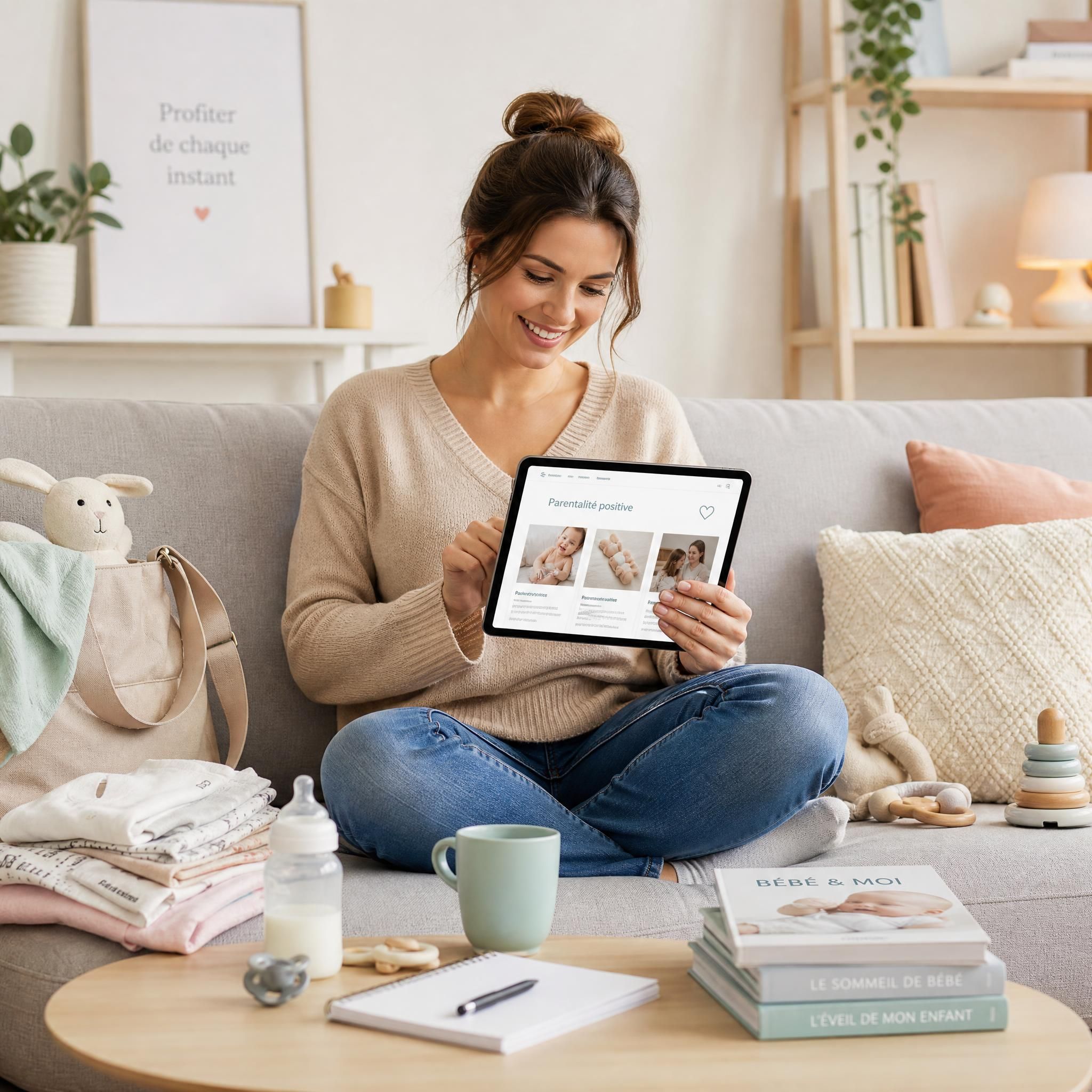 Mère souriante sur son canapé, entourée d'accessoires bébé, consultant des ressources parentales sur sa tablette