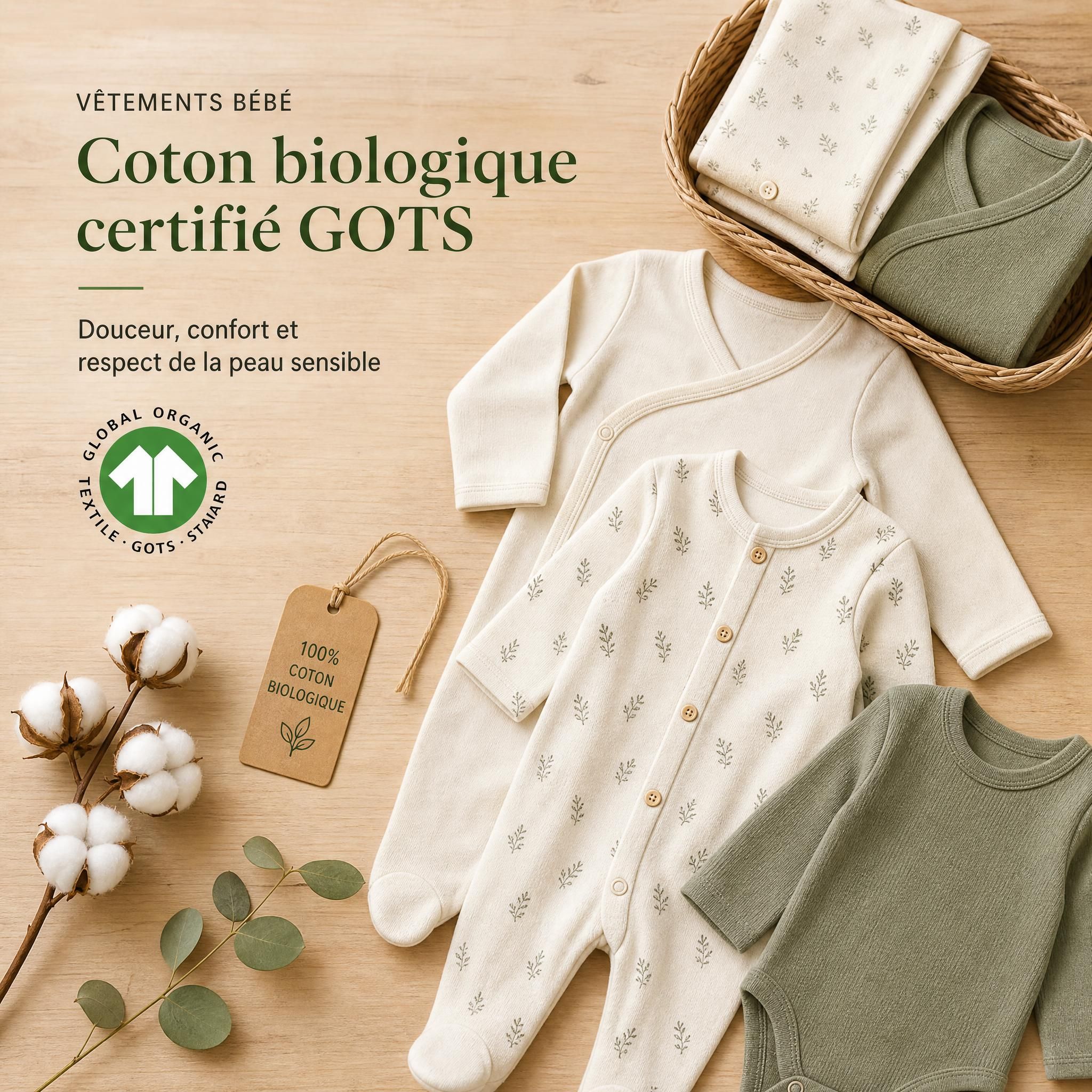 Vêtements bébé en coton biologique certifié GOTS — bodies, pyjamas et grenouillères doux posés sur une surface en bois naturel