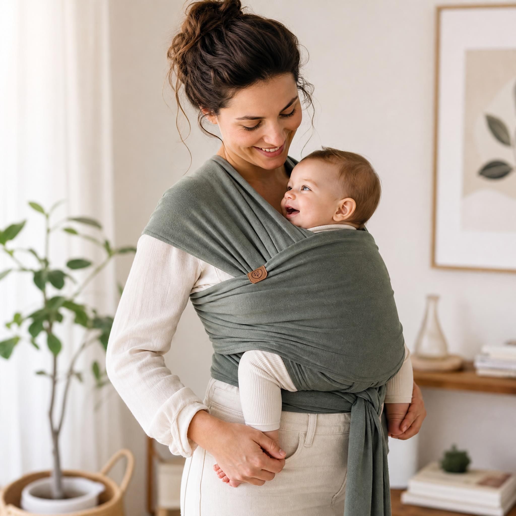 Maman portant son bébé avec une écharpe de portage ergonomique, sourire complice mère-enfant