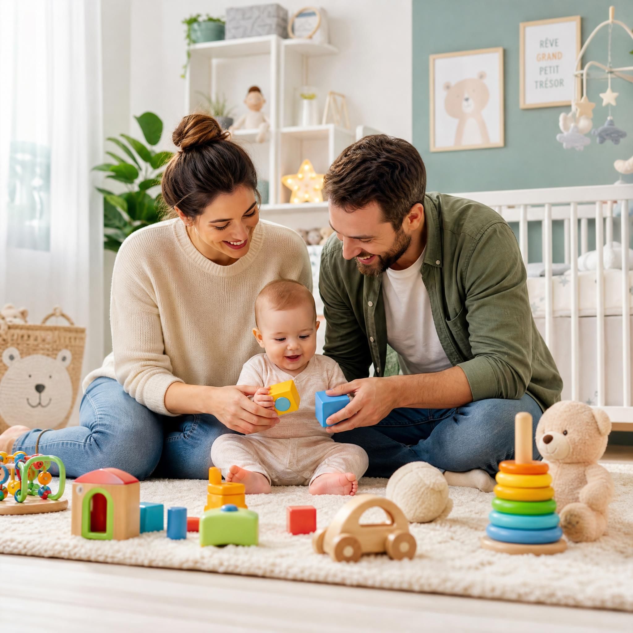 Parents heureux avec bébé entouré de jouets colorés et sécurisés dans une chambre bébé lumineuse et bien aménagée