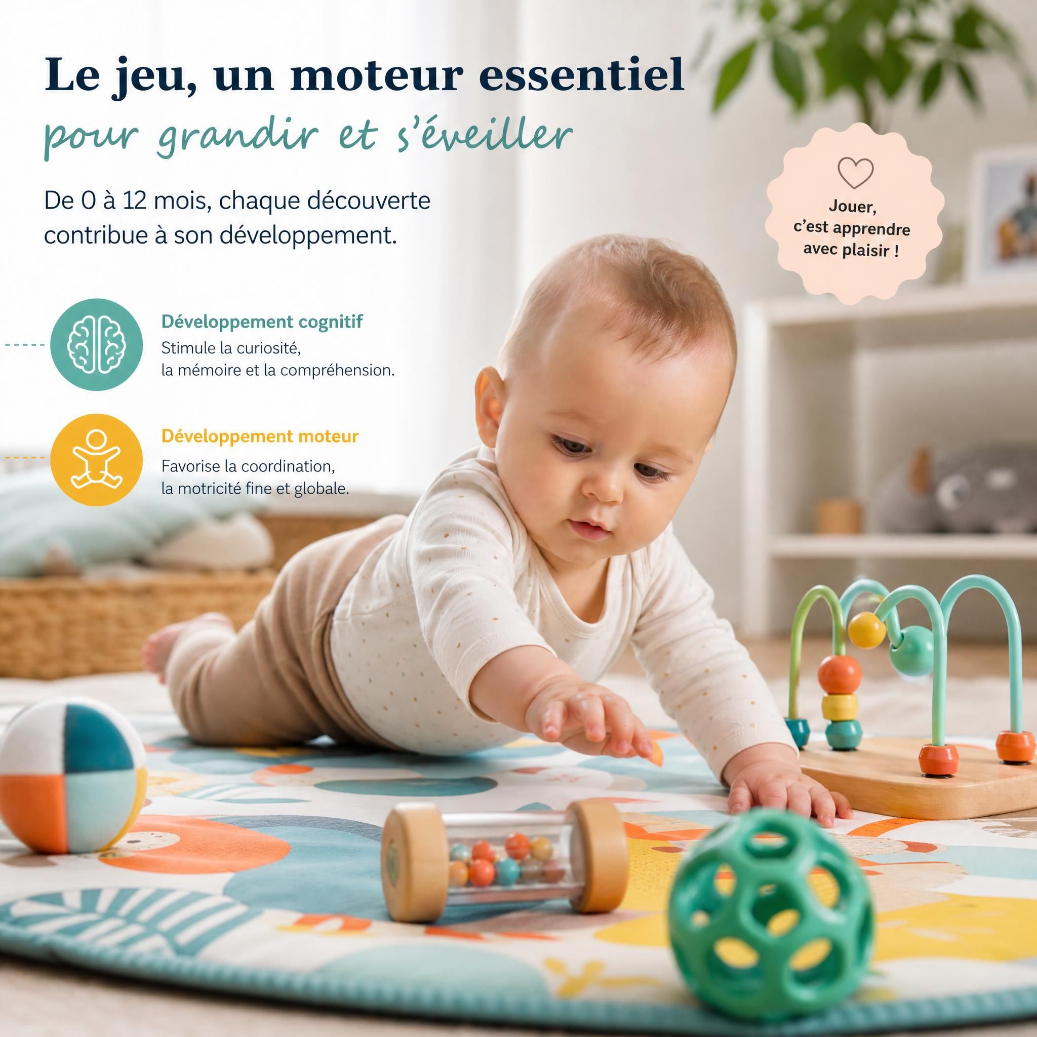 Bébé allongé sur un tapis d'éveil coloré explorant des jouets sensoriels, développement moteur et cognitif bébé 0 12 mois