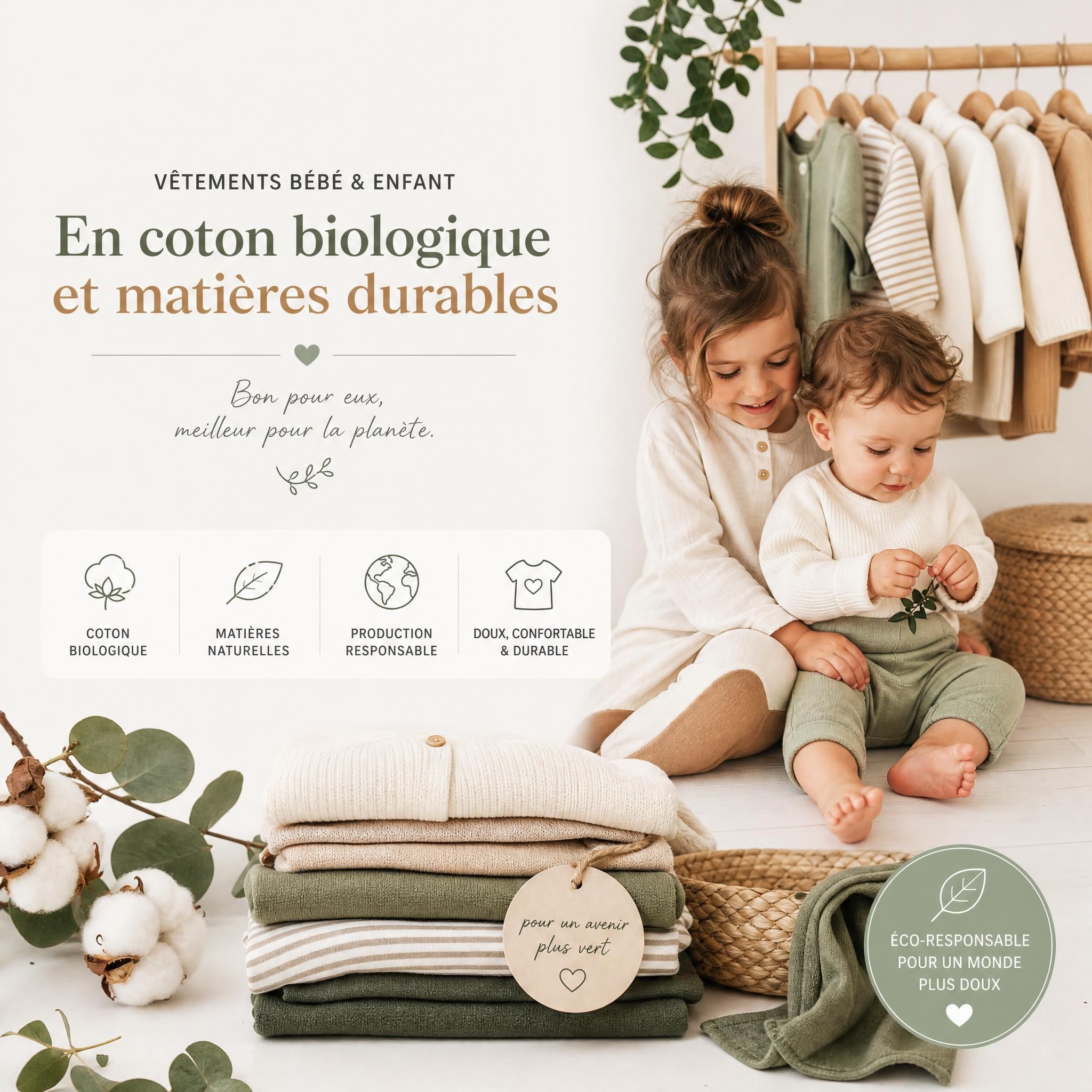 vêtements bébé et enfant en coton biologique et matières durables éco-responsables