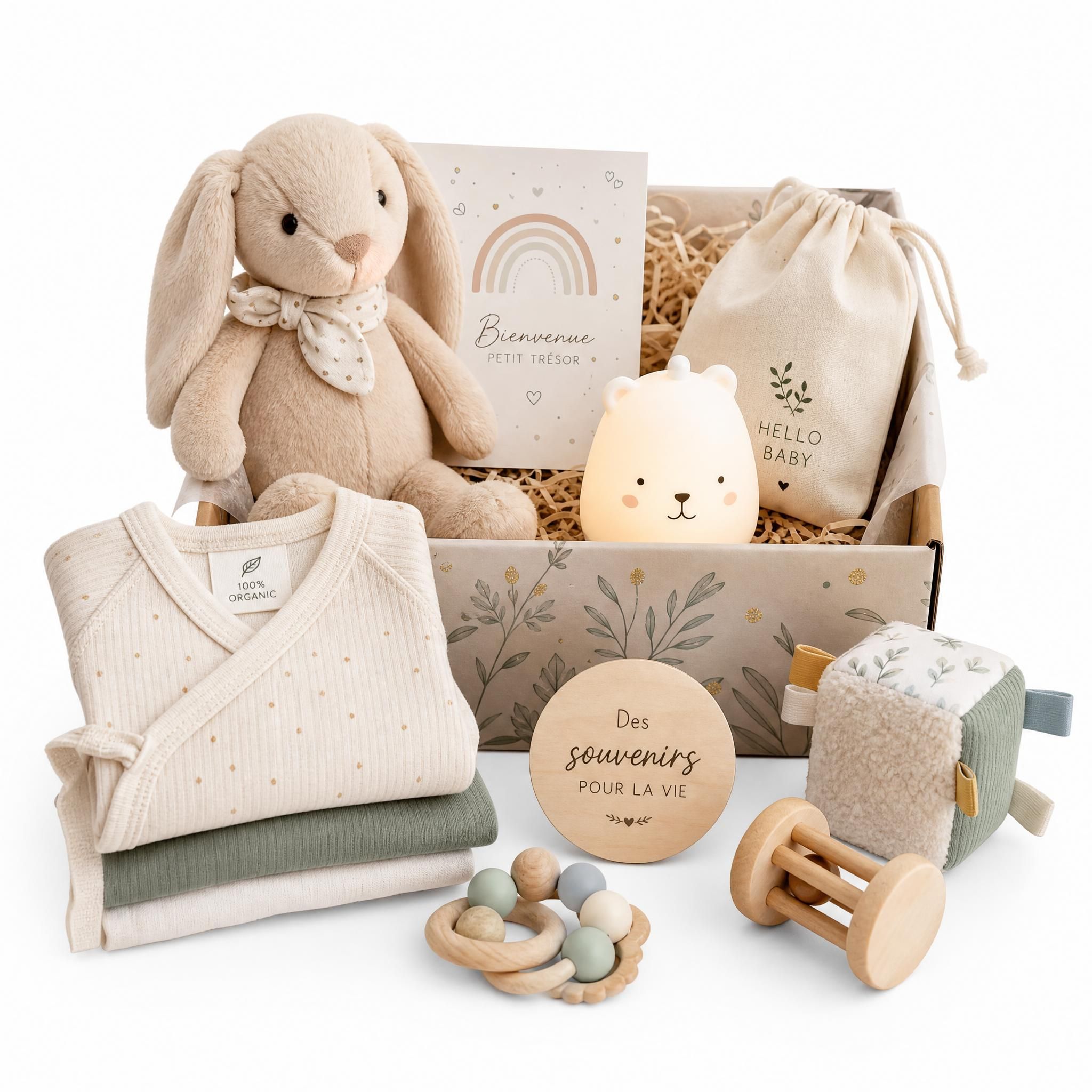 Coffret cadeau naissance original avec doudou, veilleuse, vêtements bébé bio et jouets d'éveil présentés sur fond blanc
