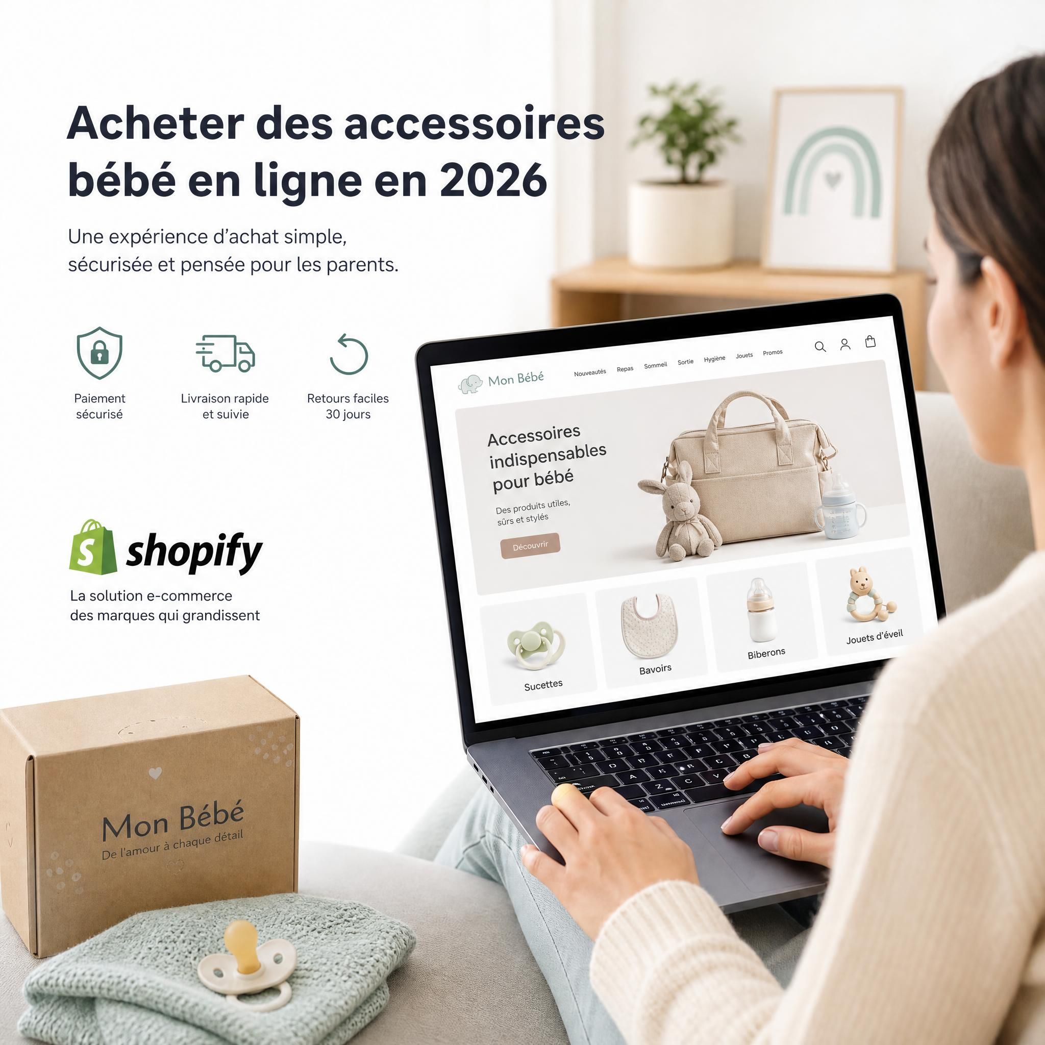 Parent achetant des accessoires bébé sur un site e-commerce Shopify, expérience d'achat en ligne puériculture 2026
