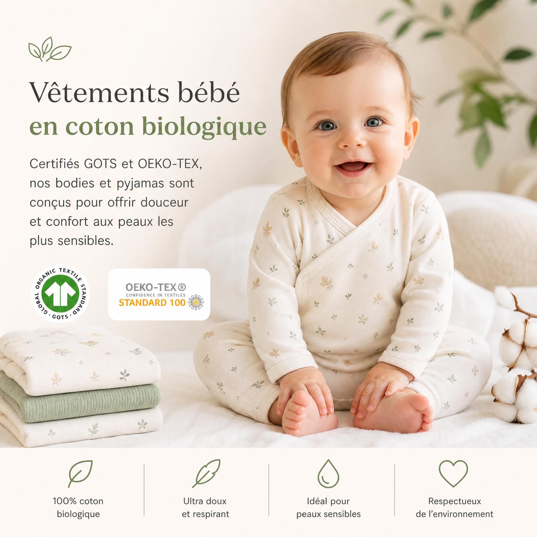 Vêtements bébé en coton biologique certifiés GOTS et OEKO-TEX, bodies et pyjamas doux pour peau sensible