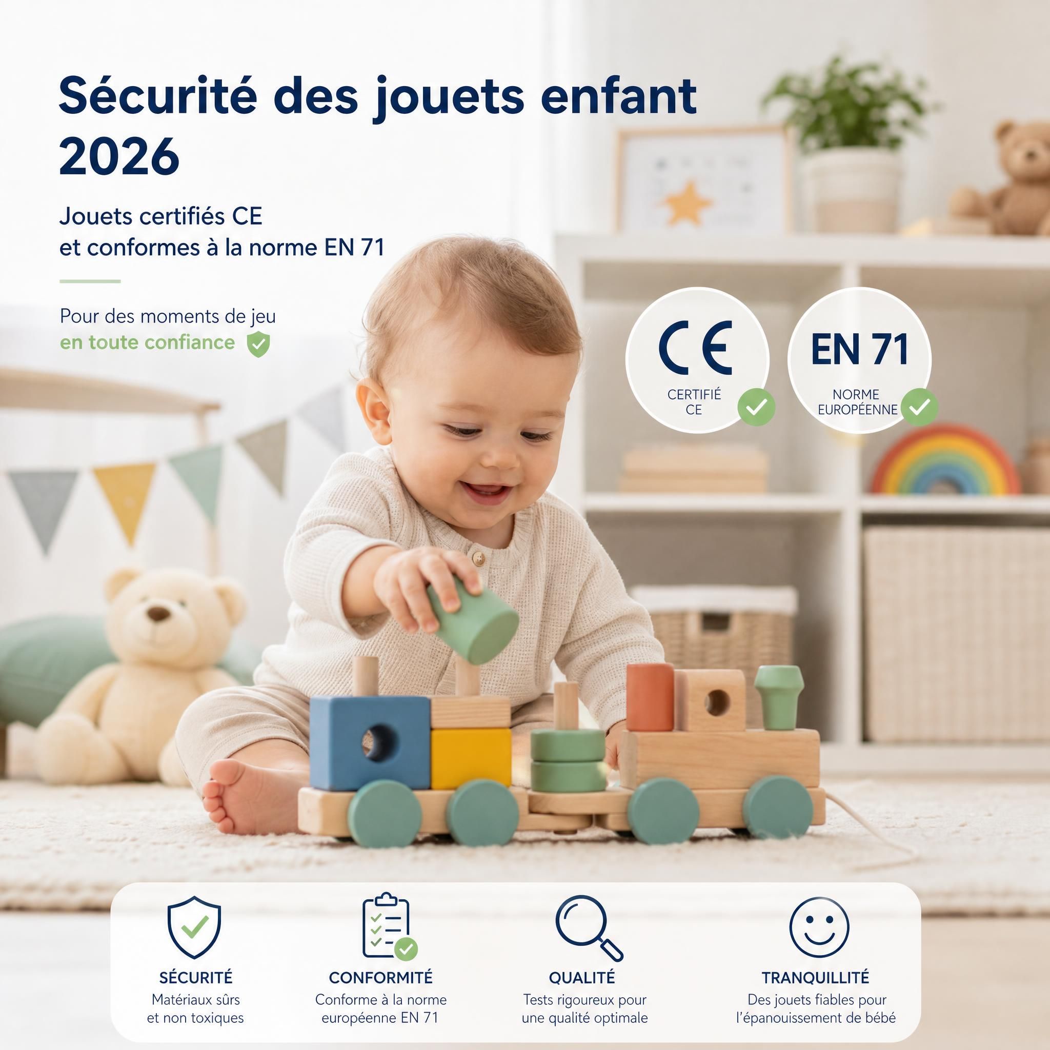 Bébé jouant avec des jouets certifiés CE et norme EN 71, sécurité jouets enfant 2026