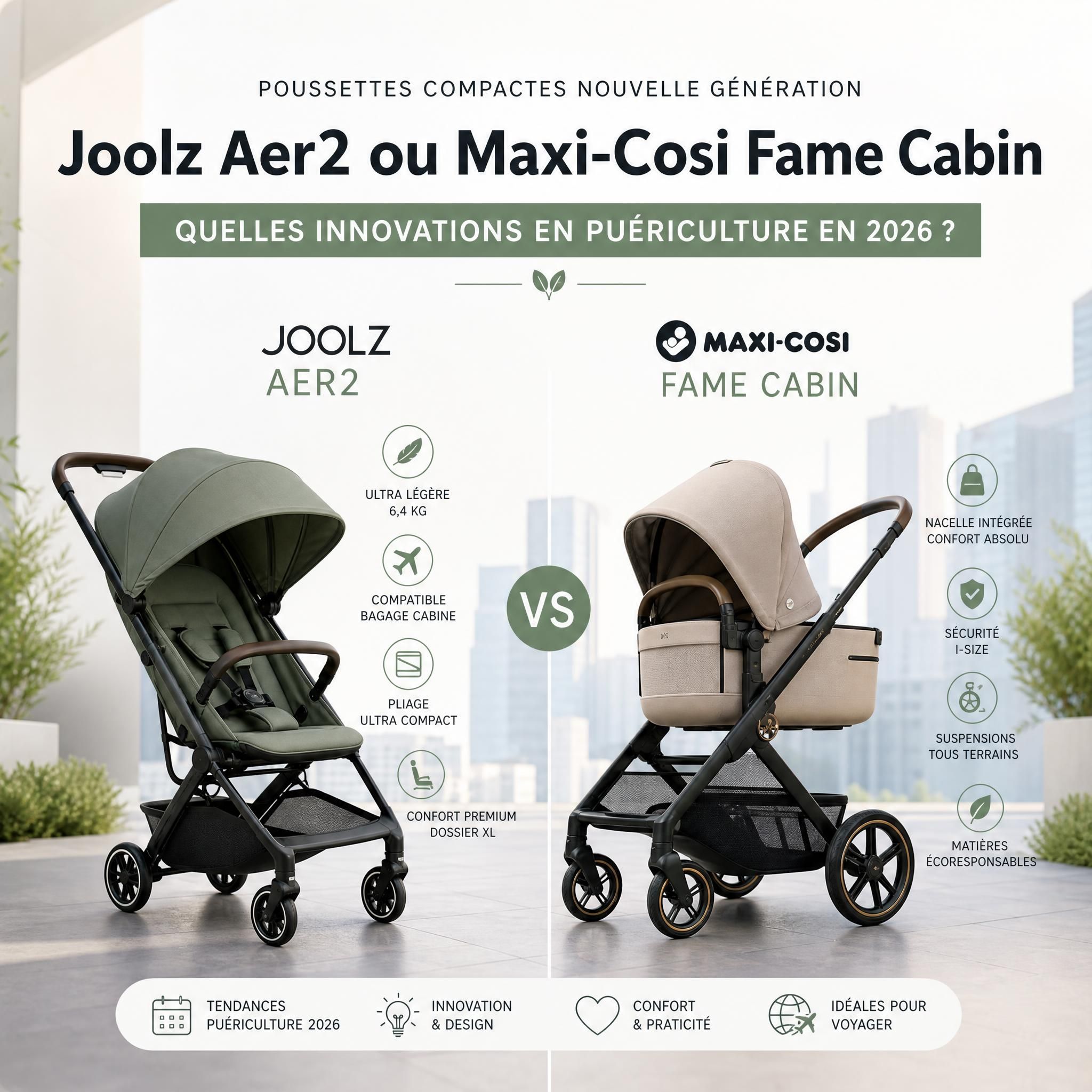 Poussette compacte nouvelle génération Joolz Aer2 ou Maxi-Cosi Fame Cabin, innovations puériculture 2026